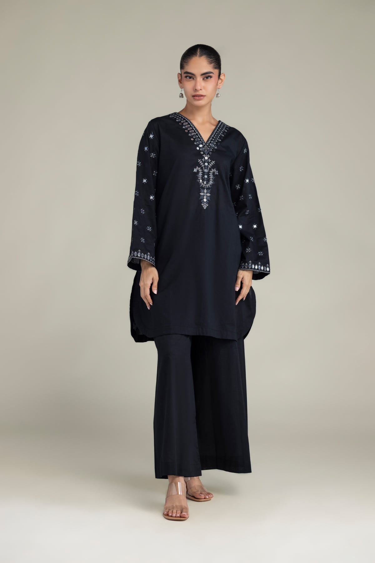 Embroidered Cambric Black Solid Pants - 1-26-102-A-F-VG