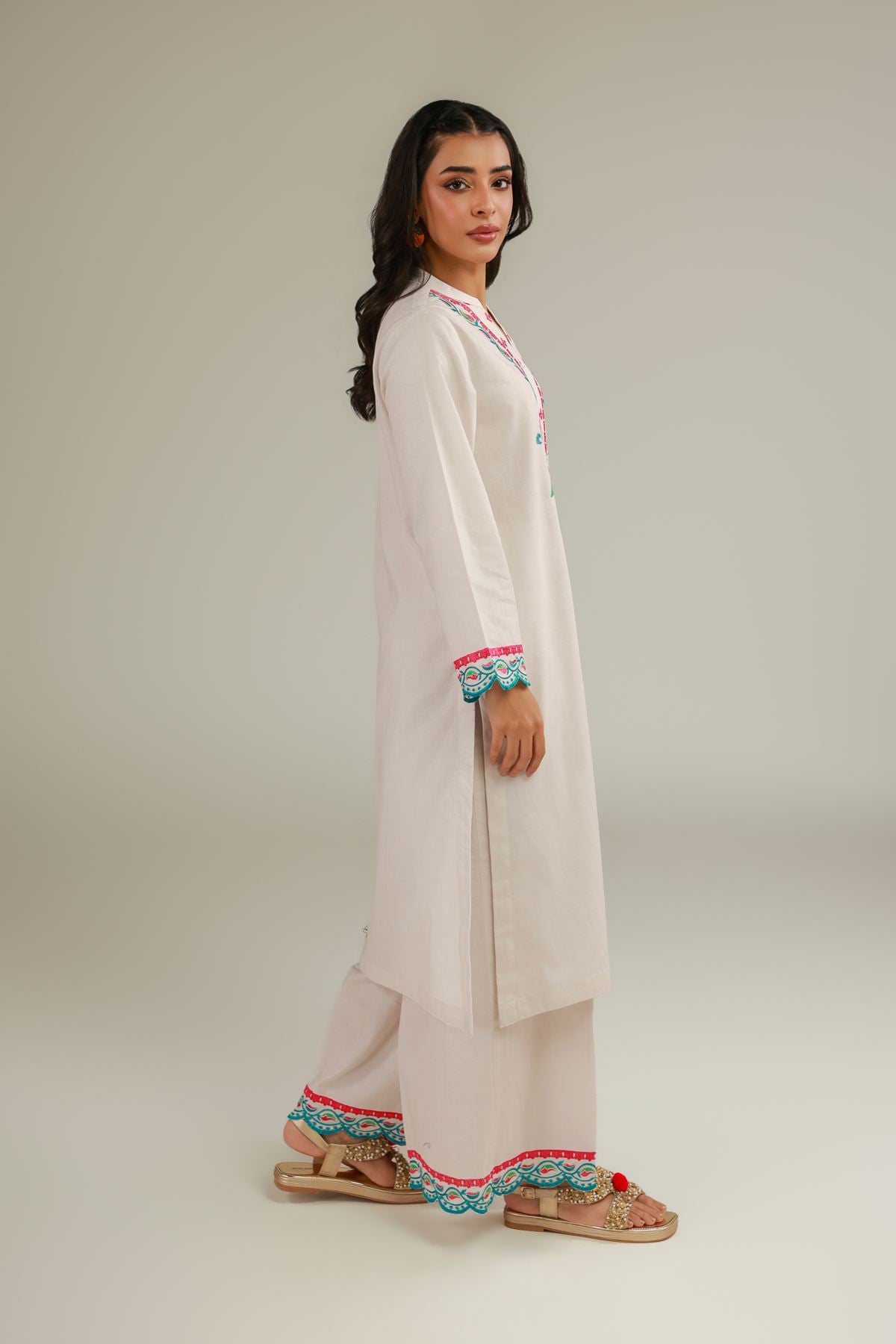 Embroidered Cotton Dobby White Embroidered Pants - 1-26-108-A-F-VG