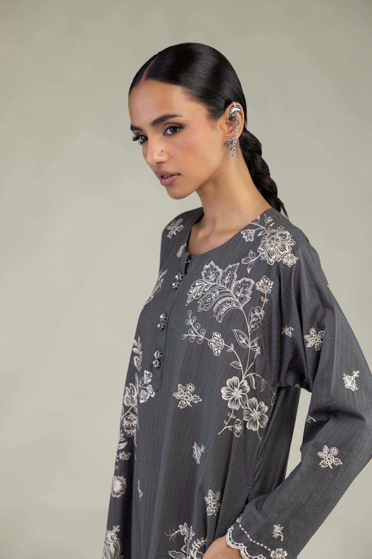 Embroidered Cotton Dobby Gray Longline Kurta - 1-26-226-A-I1-VG