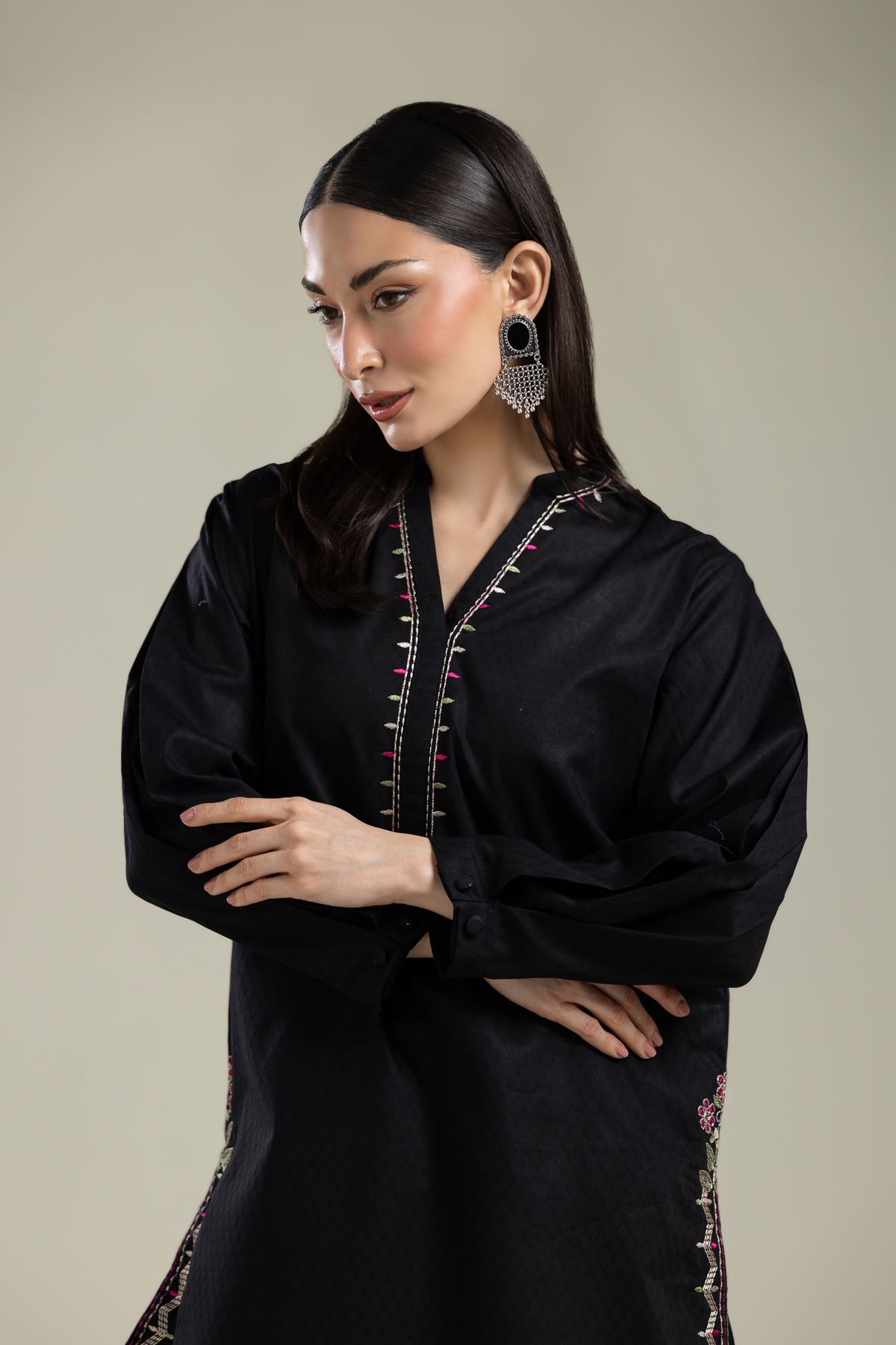 Embroidered Cotton Dobby Black Embroidered Kurta - 25-09-11E3-11TB-VG