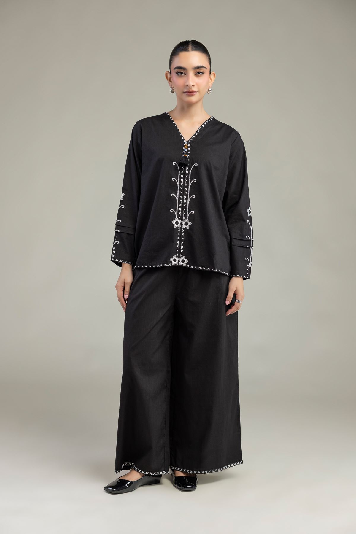Embroidered Textured Cotton Black Cotton Trousers - 6-26-204-A-B1-VG