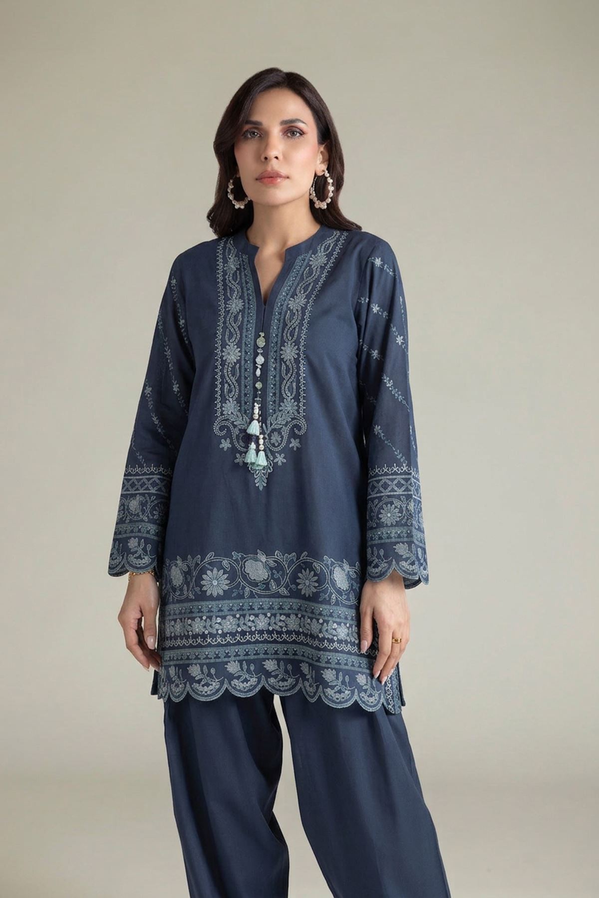 Embroidered Textured Cotton Tailored 2 Piece | Top and Bottom - T-A22-26-207EA2-VG