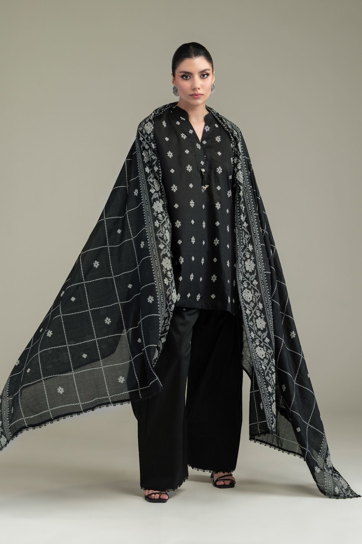Embroidered Lawn Black Lawn Dupatta - 25-10-12E6-07TA-VG