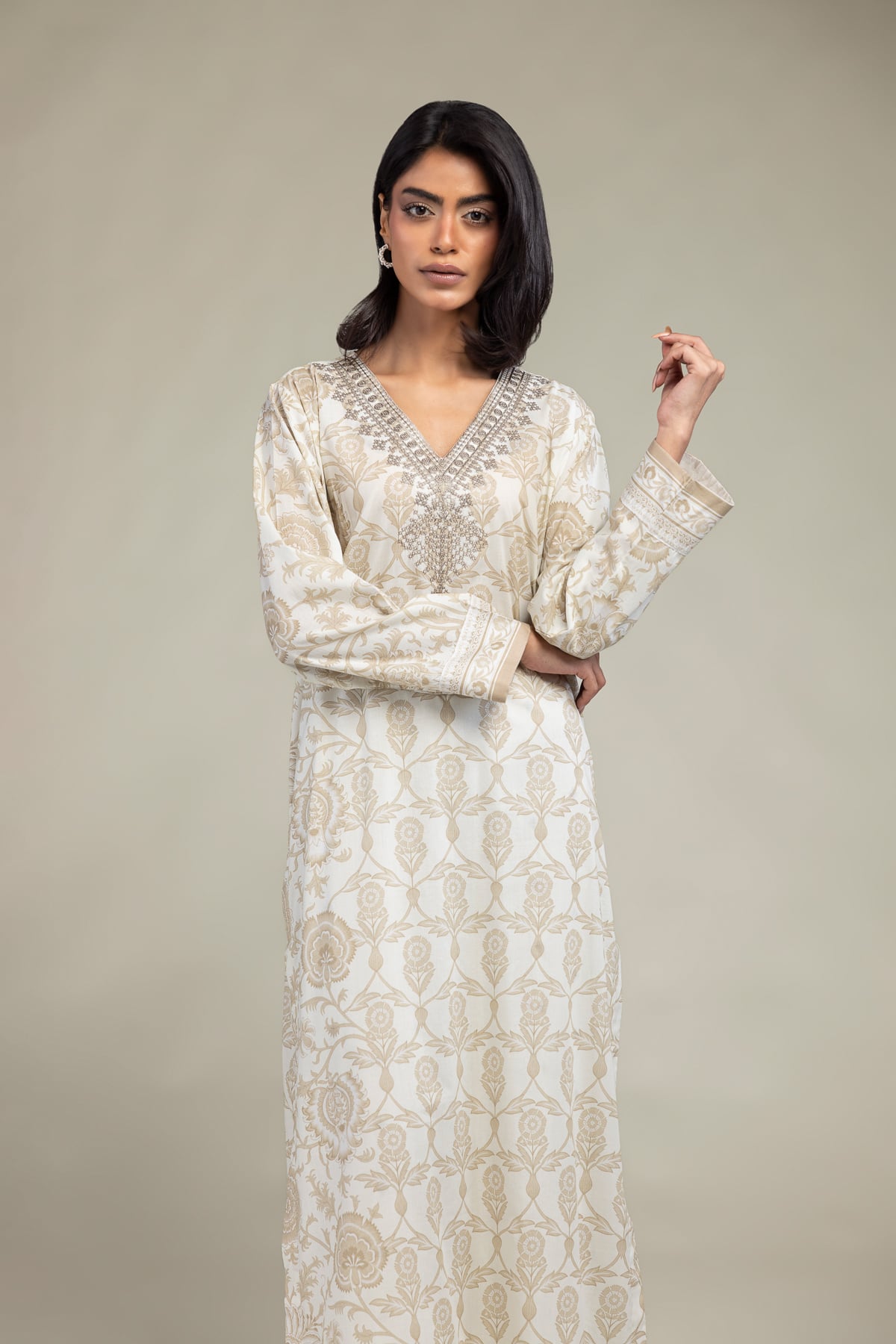 Embroidered Cambric Floral Longline Kurta - 1-26-102-A-F-VG