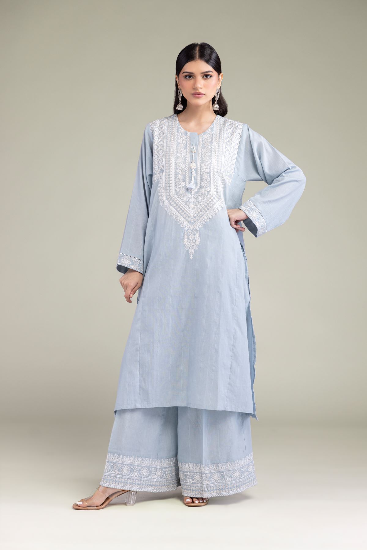 Embroidered Textured Cotton Tailored 2 Piece | Top and Bottom - 2-26-102-A-B-VG