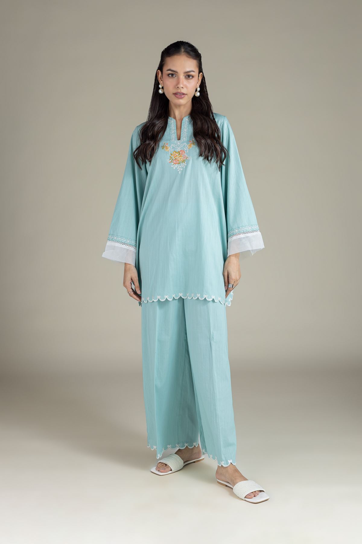 Embroidered Textured Cambric Short Floral Kurta - 1-26-108-A-F-VG