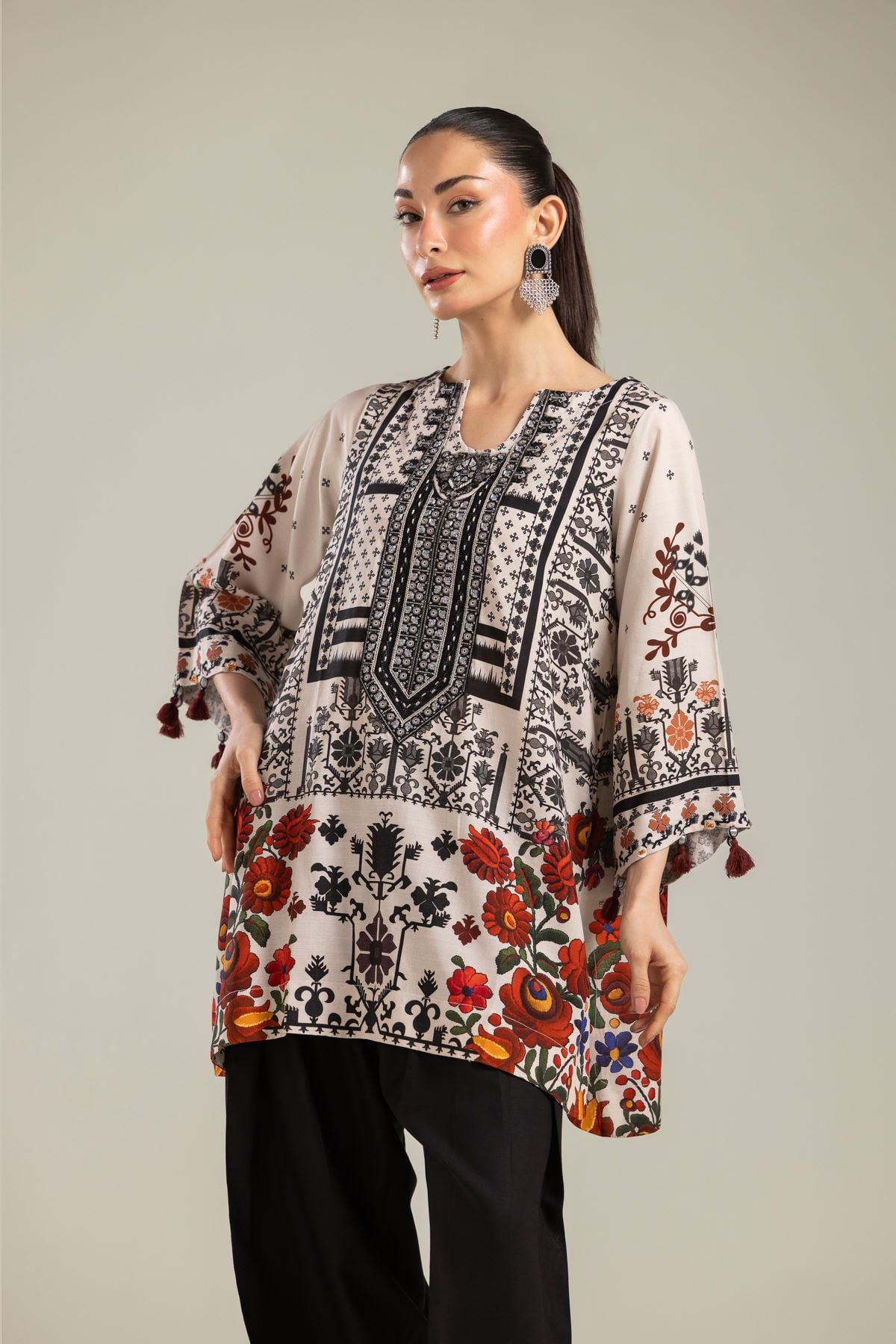 Embroidered Raw Silk Short Floral Kurta - T-A22-26-123FA1-VG