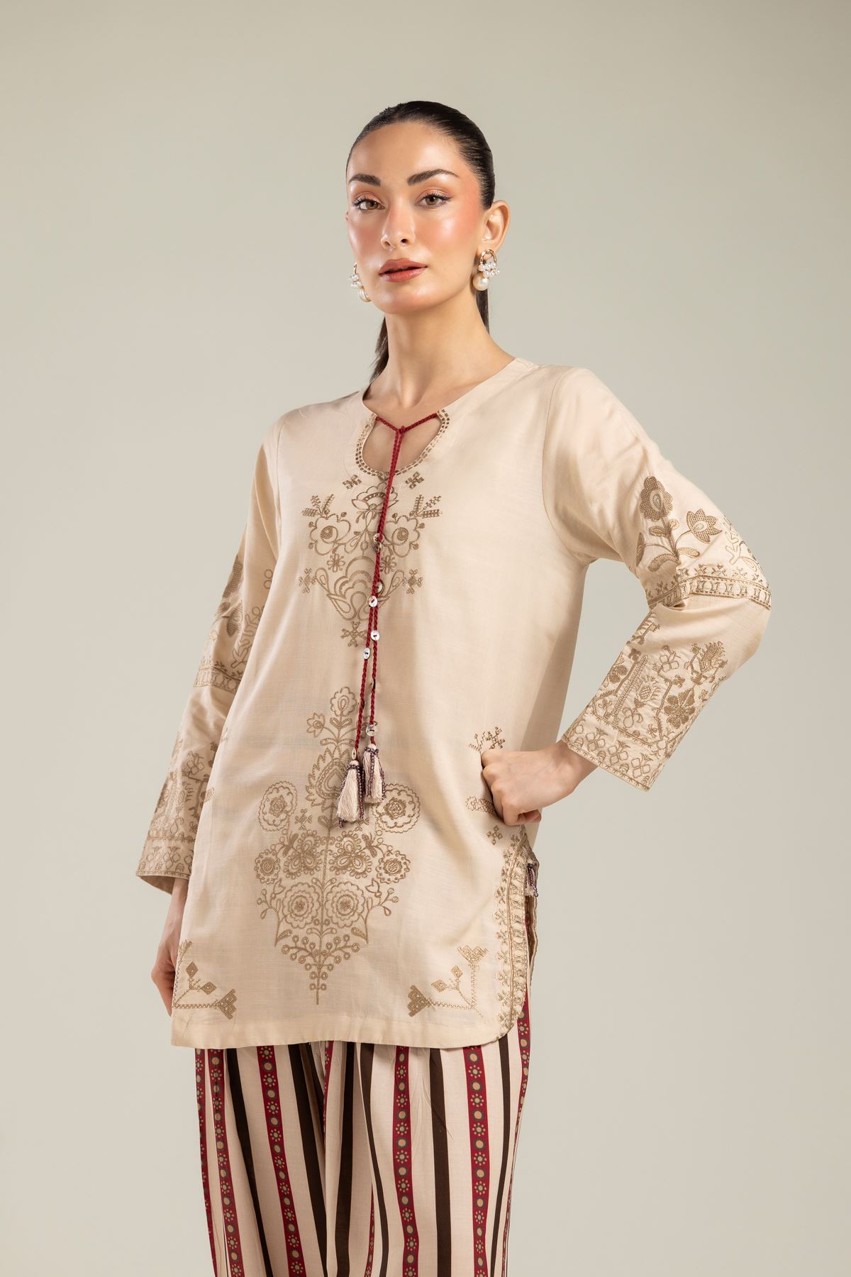 Embroidered Raw Silk Floral Beige Kurta - 2-26-202-A-E-VG