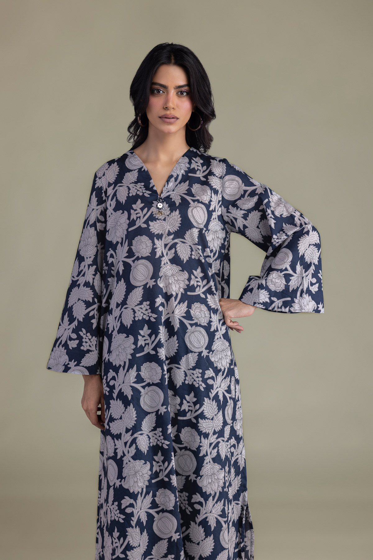 Printed Cambric Floral Longline Kurta - 1-26-102-A-F-VG