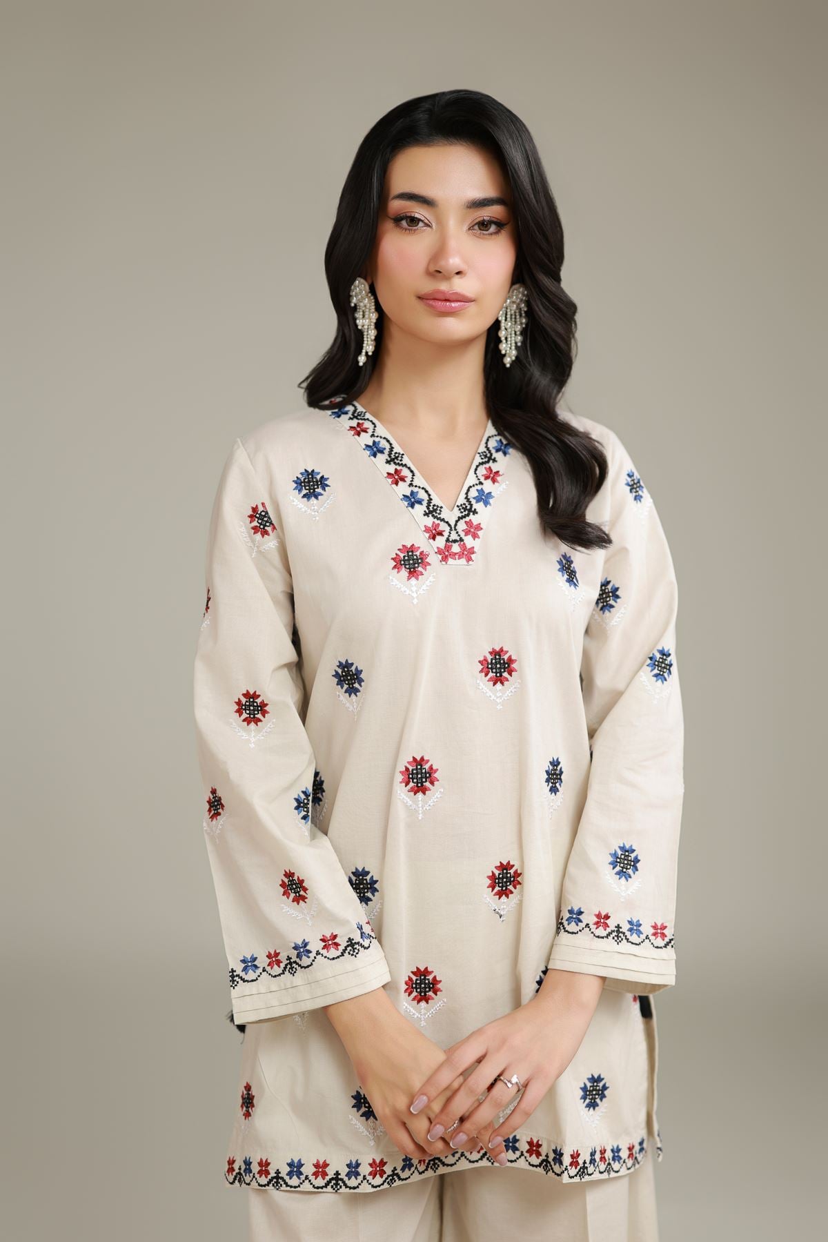 Embroidered Cambric Floral V-Neck Kurta - 1-26-120-A-A-VG