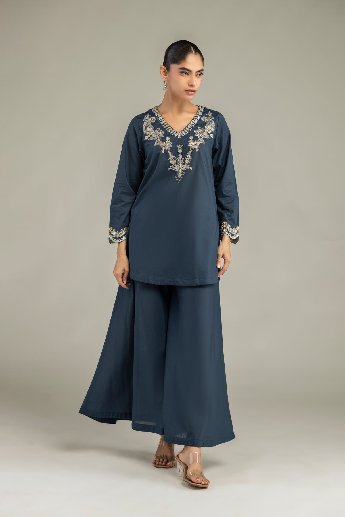 Embroidered Cambric Short Navy Kurta - 1-26-102-A-F-VG