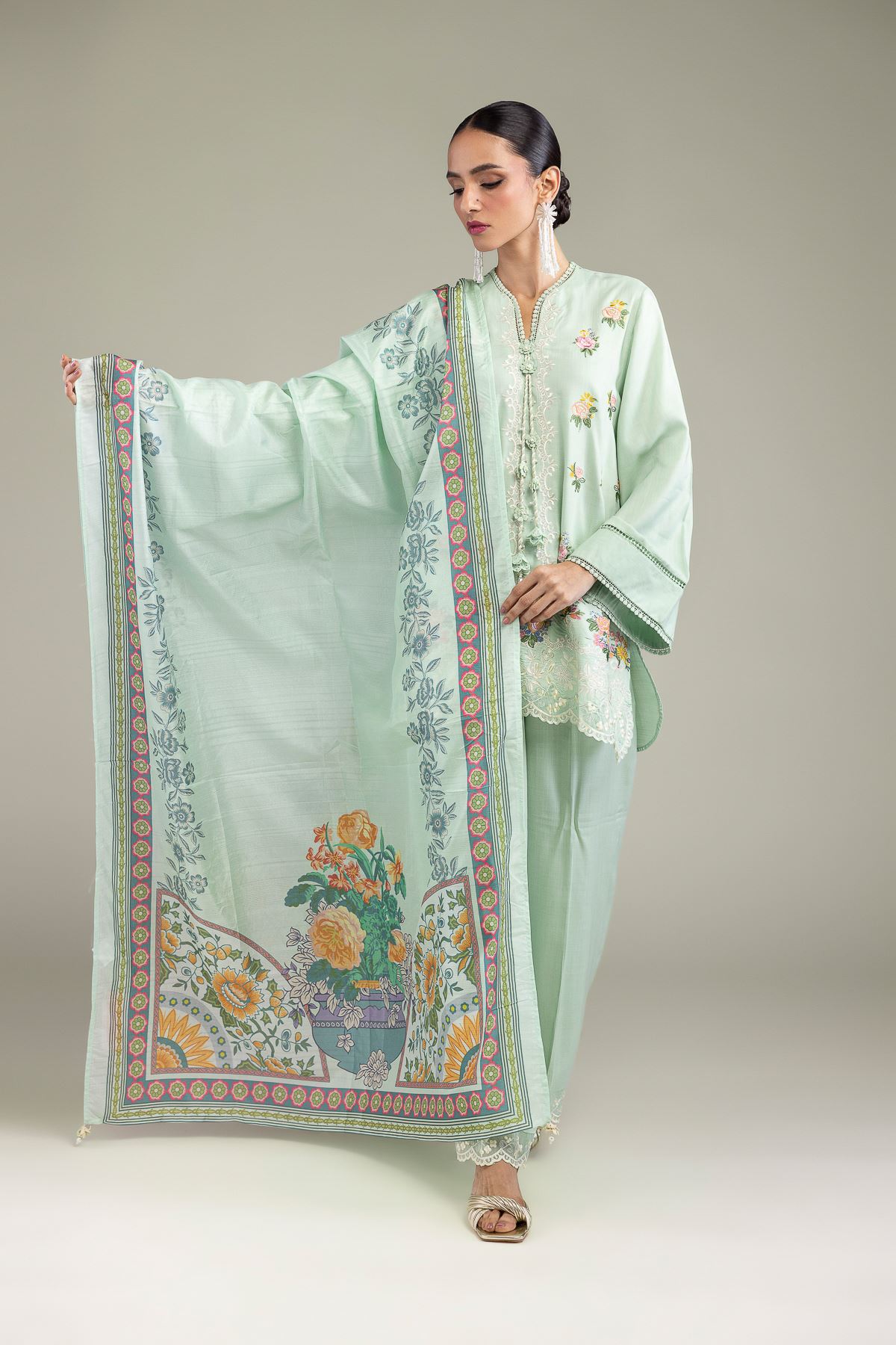 Embroidered Polyester Silk Mint Floral Dupatta - 2-26-209-A-D1-VG