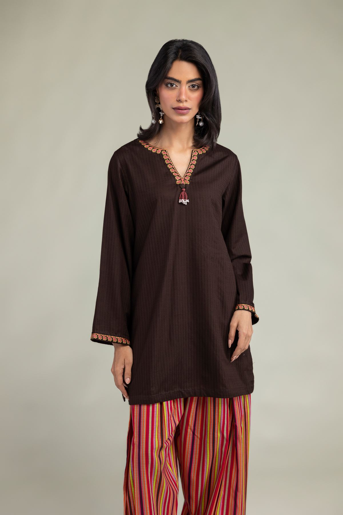 Embroidered Cotton Dobby V-Neck Cotton Kurta - 1-26-102-A-F-VG