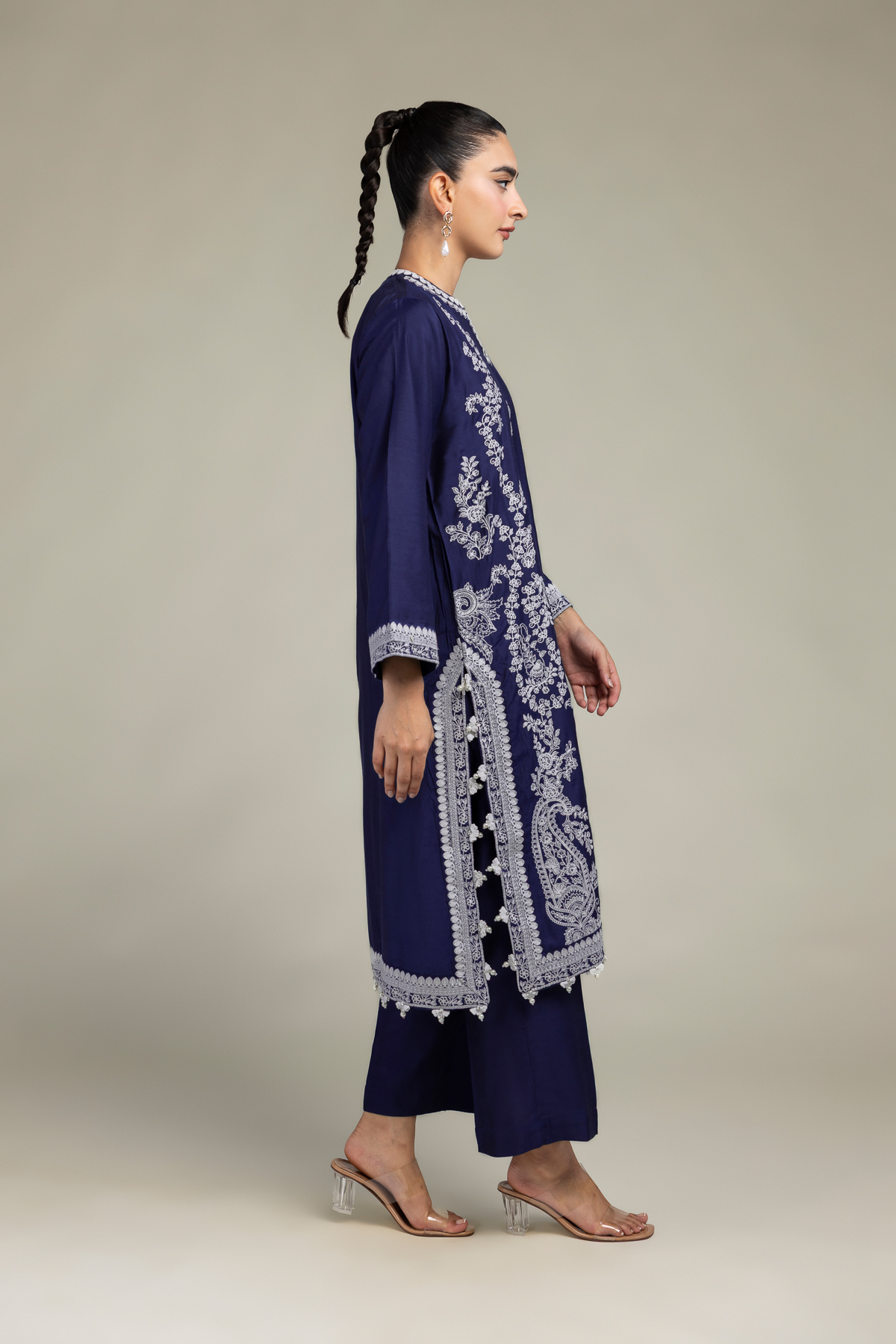 Embroidered Raw Silk Navy Solid Pants - 2-26-302-B-F1-VG