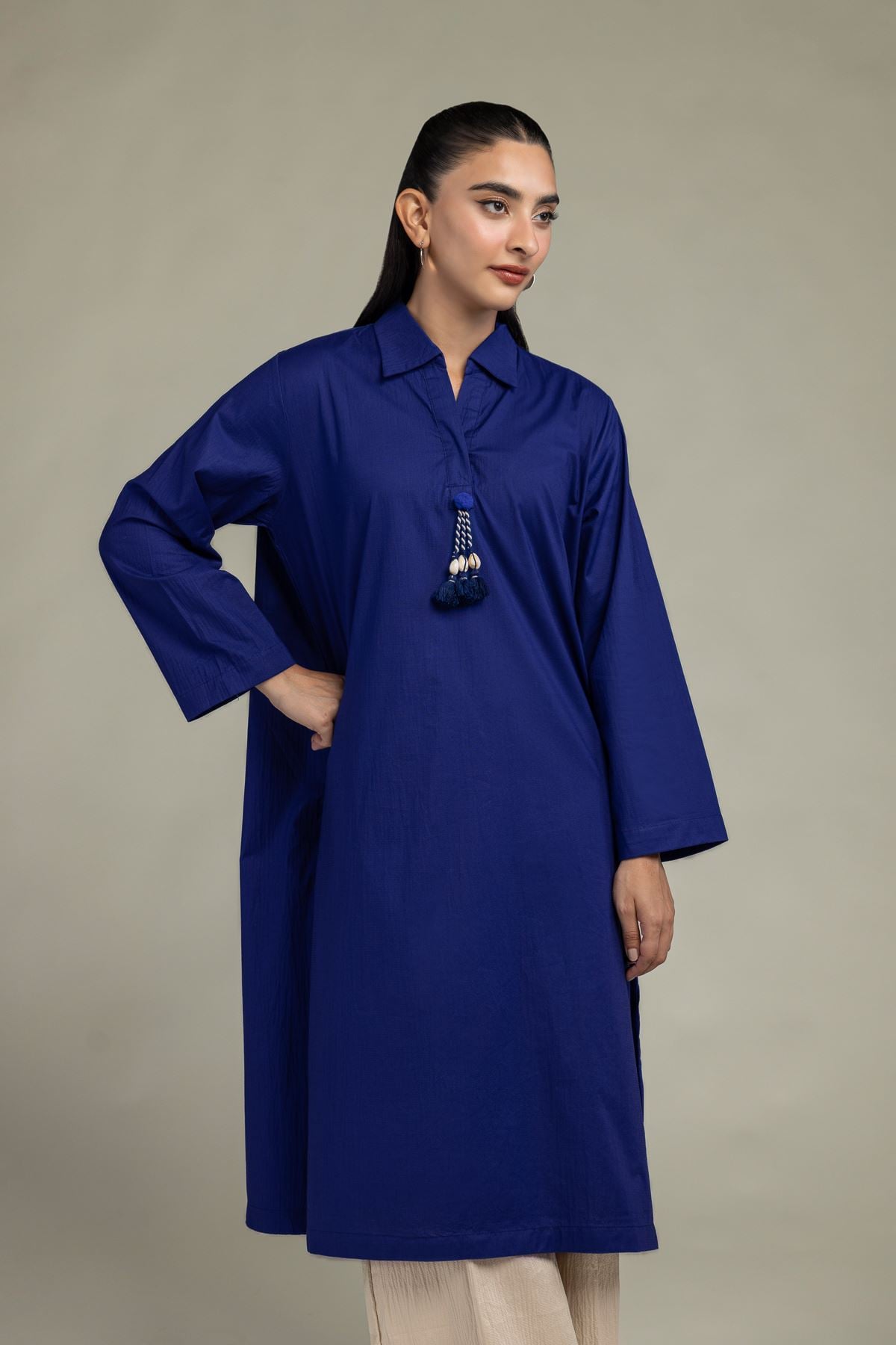 Dyed Cotton Crinkle Blue Longline Kurta - B1-2-26-106-A-C-VG