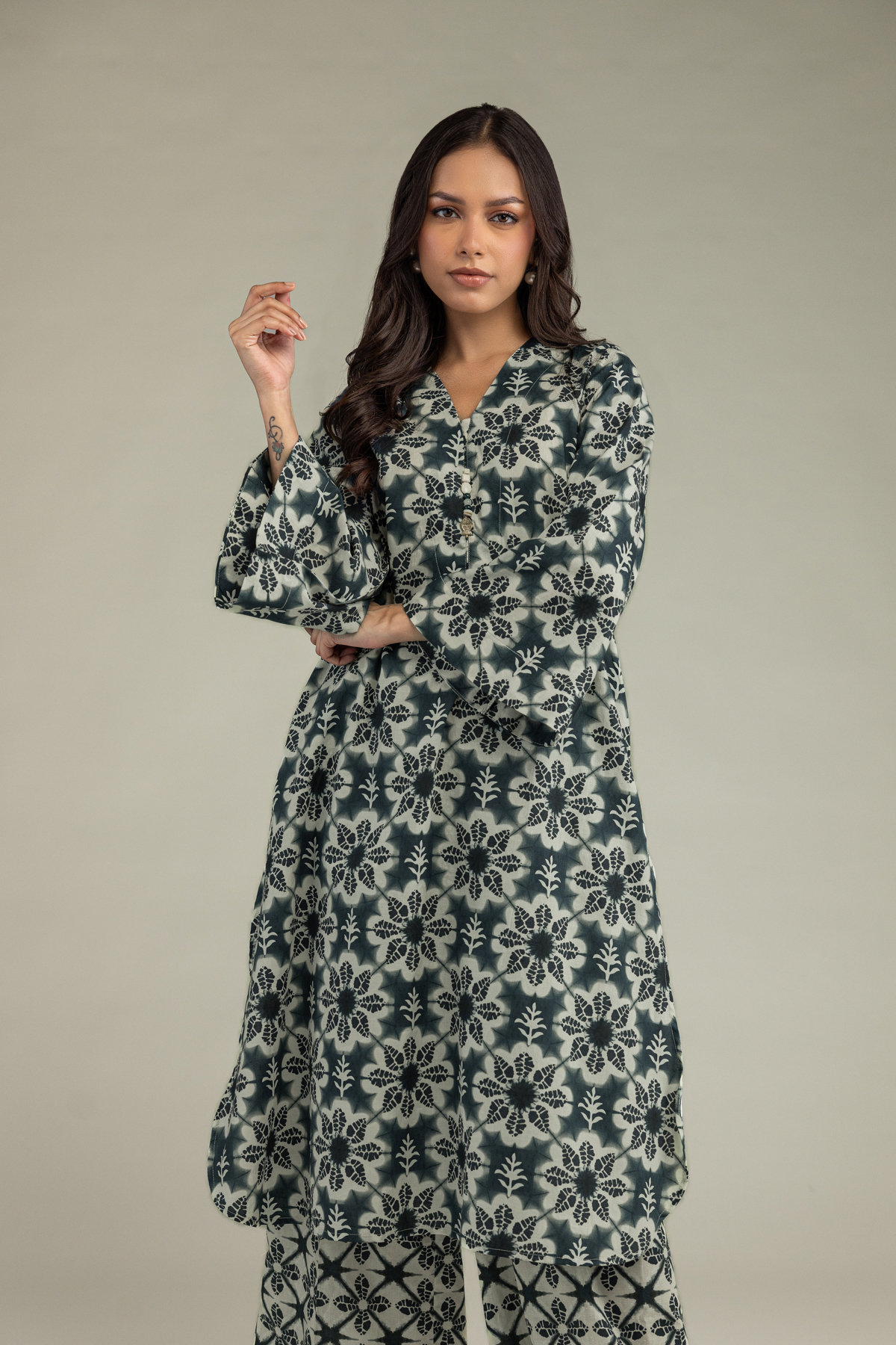 Printed Cotton Dobby Floral Longline Kurta - 1-26-102-A-F-VG