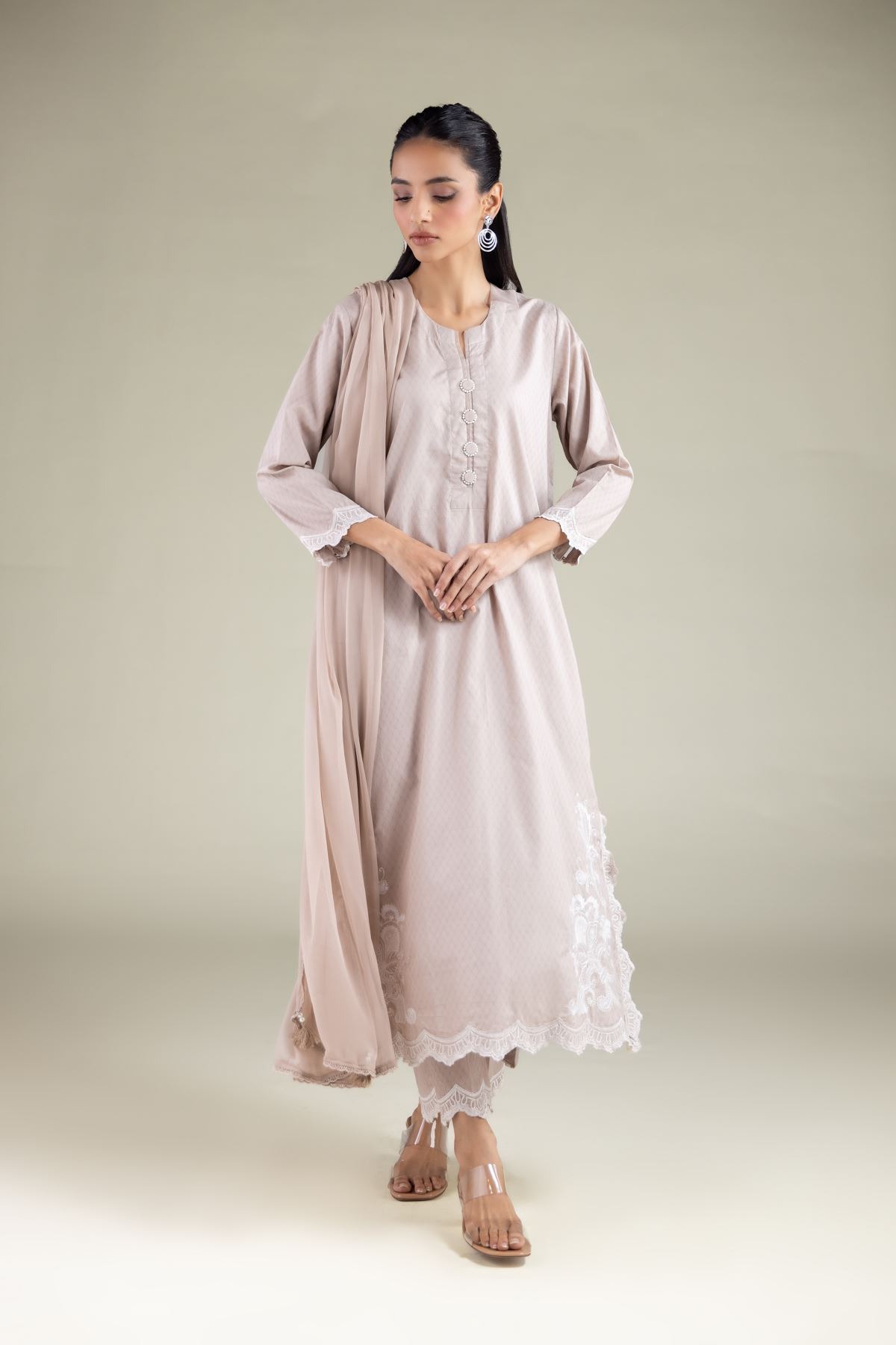 Embroidered Cotton Dobby Lace Longline Kurta - 1-26-125-A-D-VG