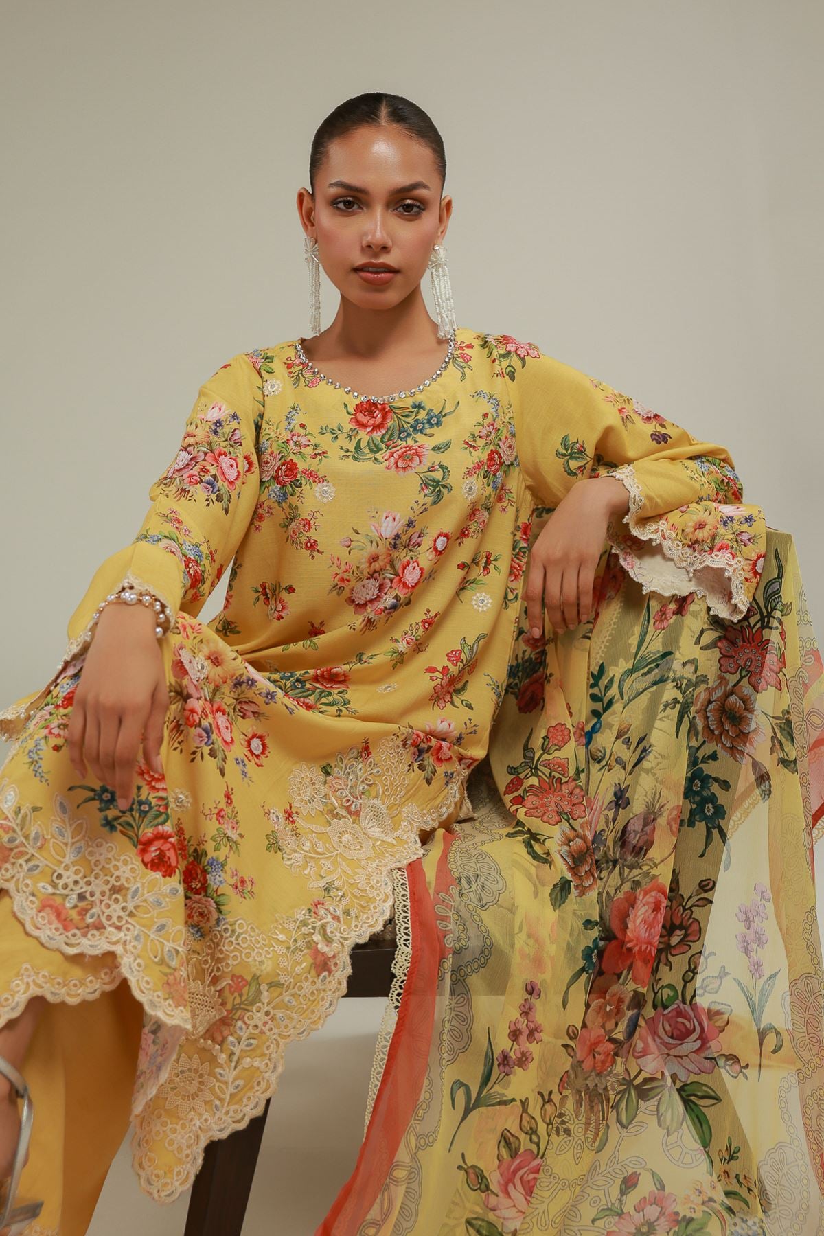 Embroidered Raw Silk Floral Lace Kurta - 2-26-104-A-E-VG