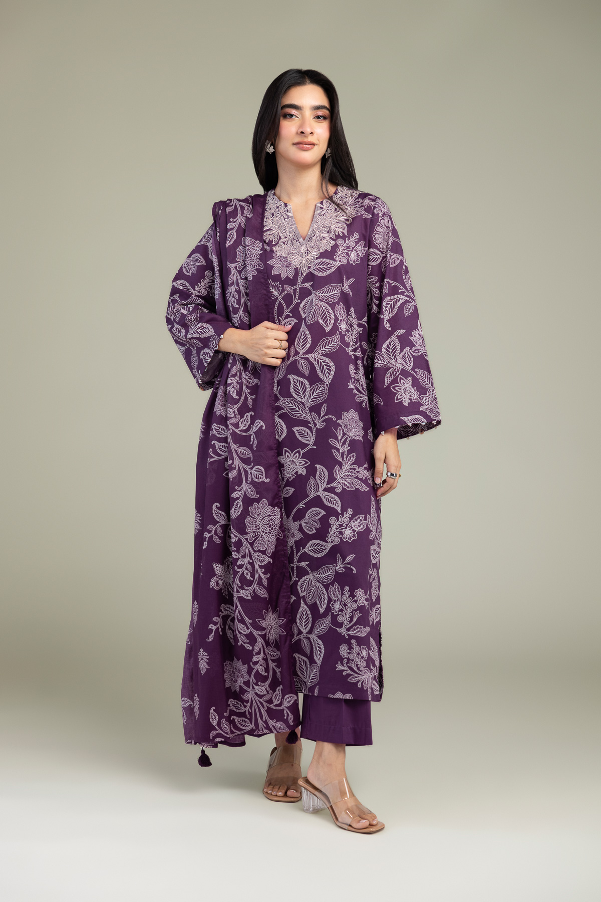 Embroidered Lawn Floral Purple Dupatta - 1-26-102-A-F-VG