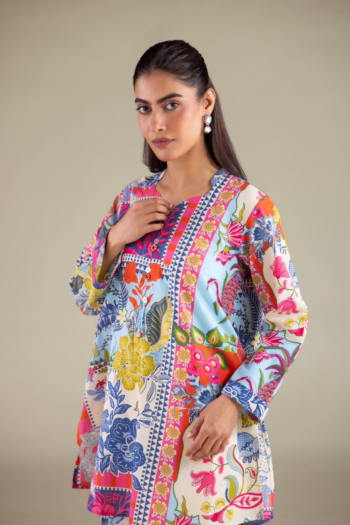 Printed Cambric Floral V-Neck Kurta - 1-26-108-A-F-VG