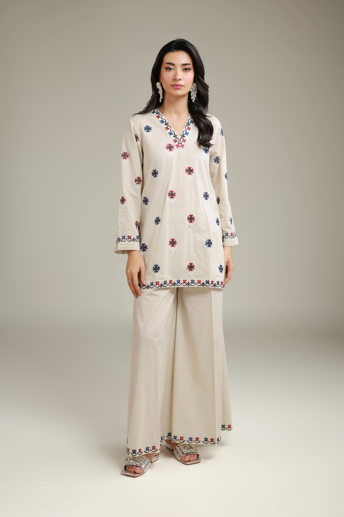 Embroidered Cambric Floral V-Neck Kurta - 1-26-120-A-A-VG