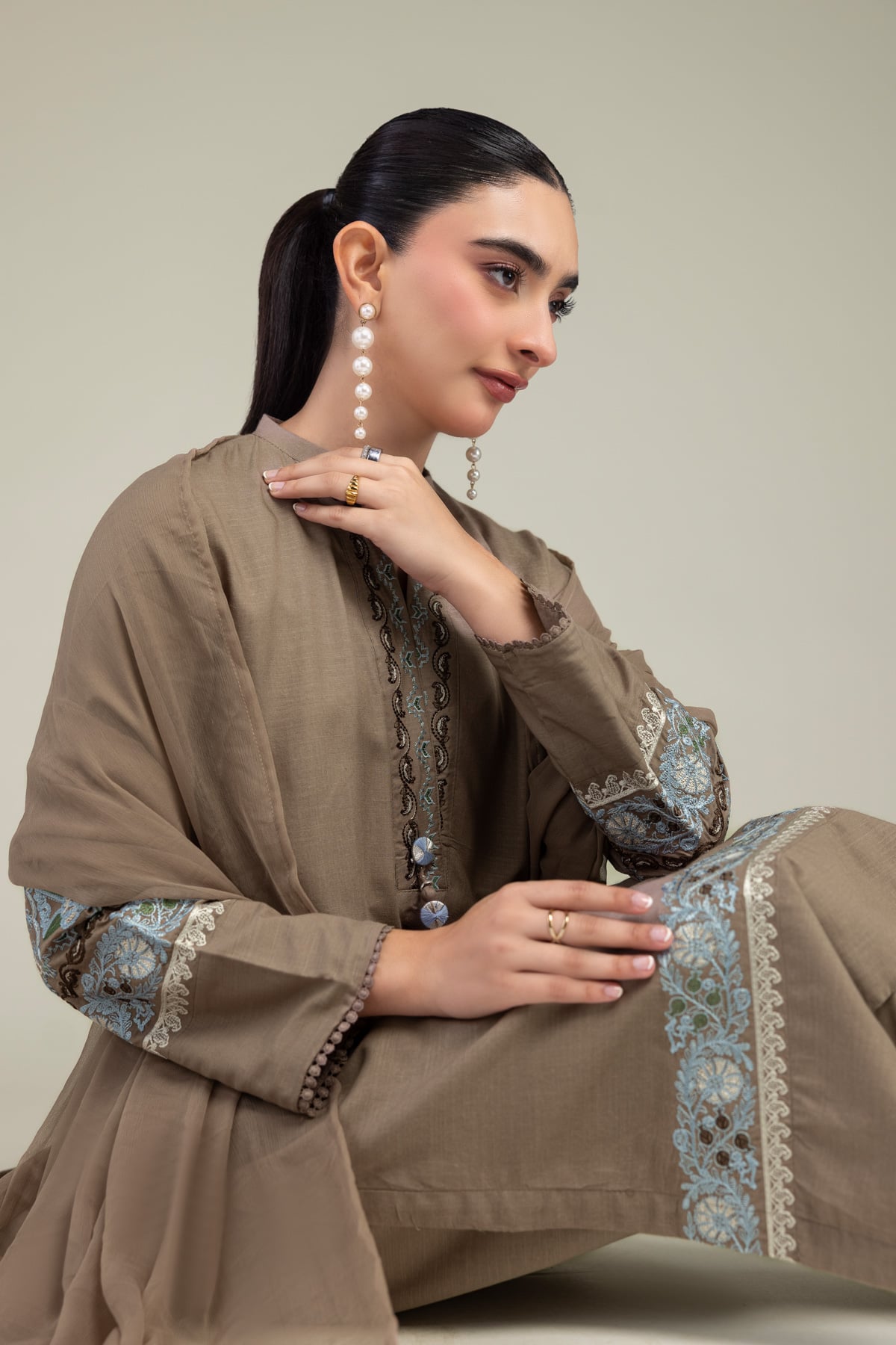 Embroidered Chiffon Brown Floral Dupatta - 1-26-309-B-D1-VG