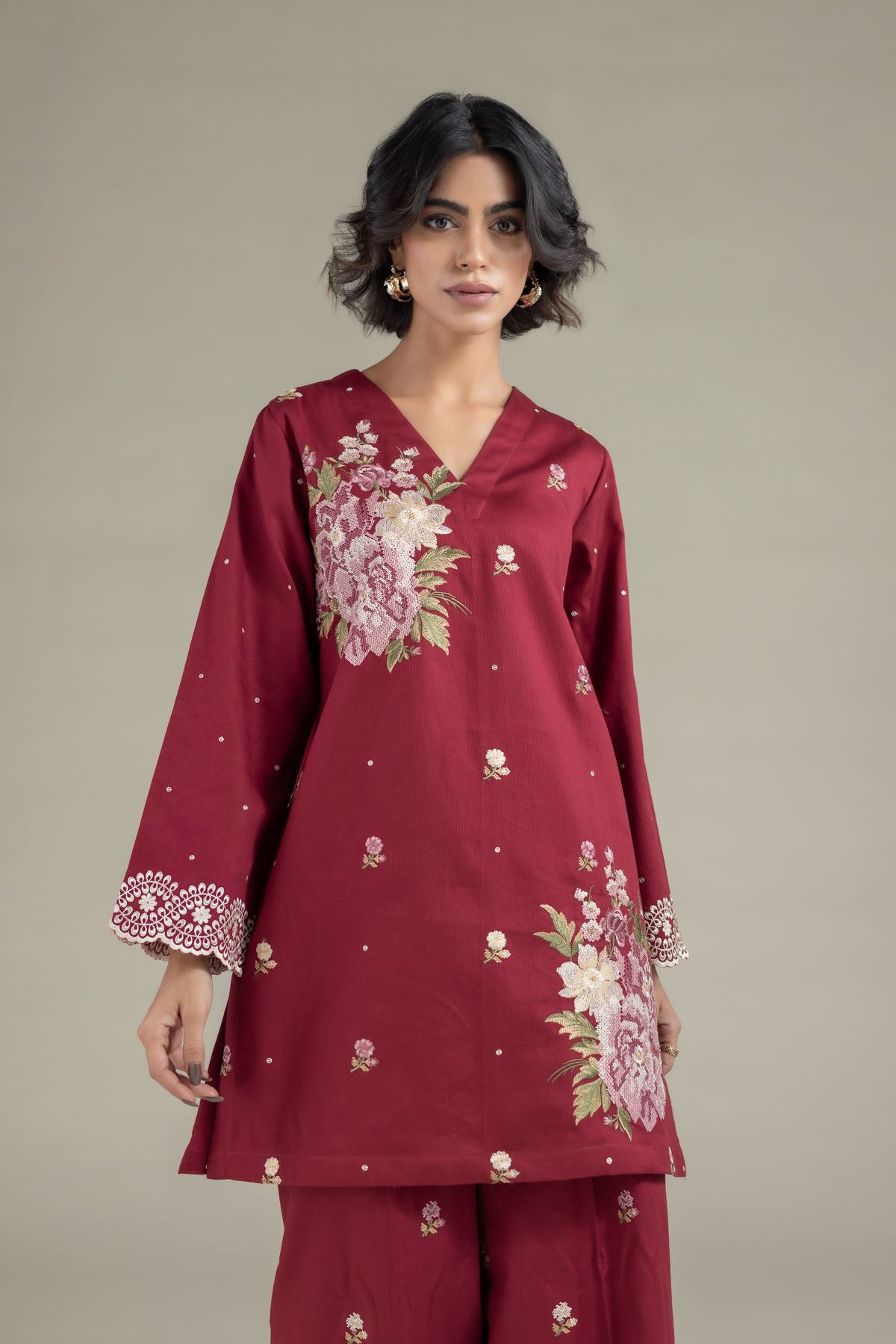 Embroidered Textured Cotton Kurta - 25-08-12E8-04TA-VG