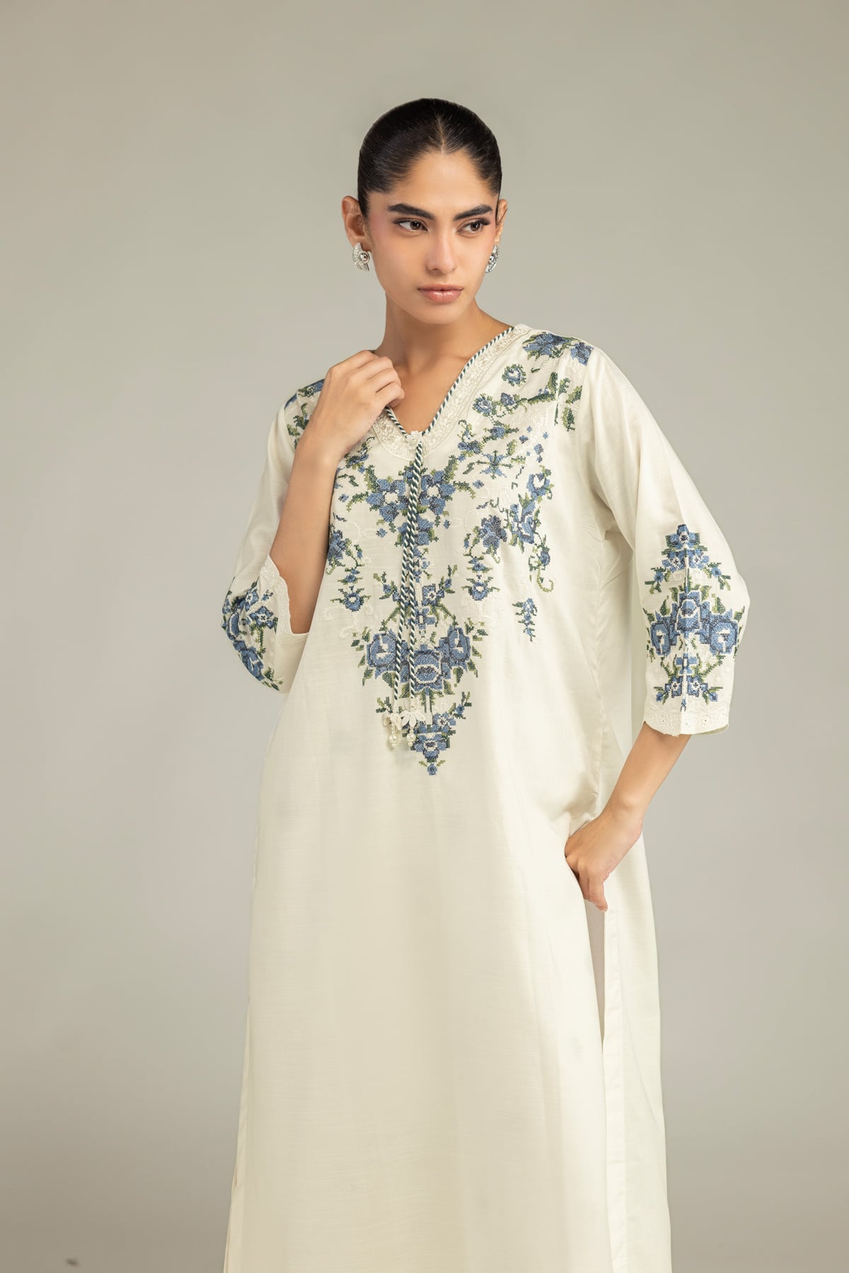 Embroidered Raw Silk Floral Silk Kurta - 1-26-102-A-F-VG