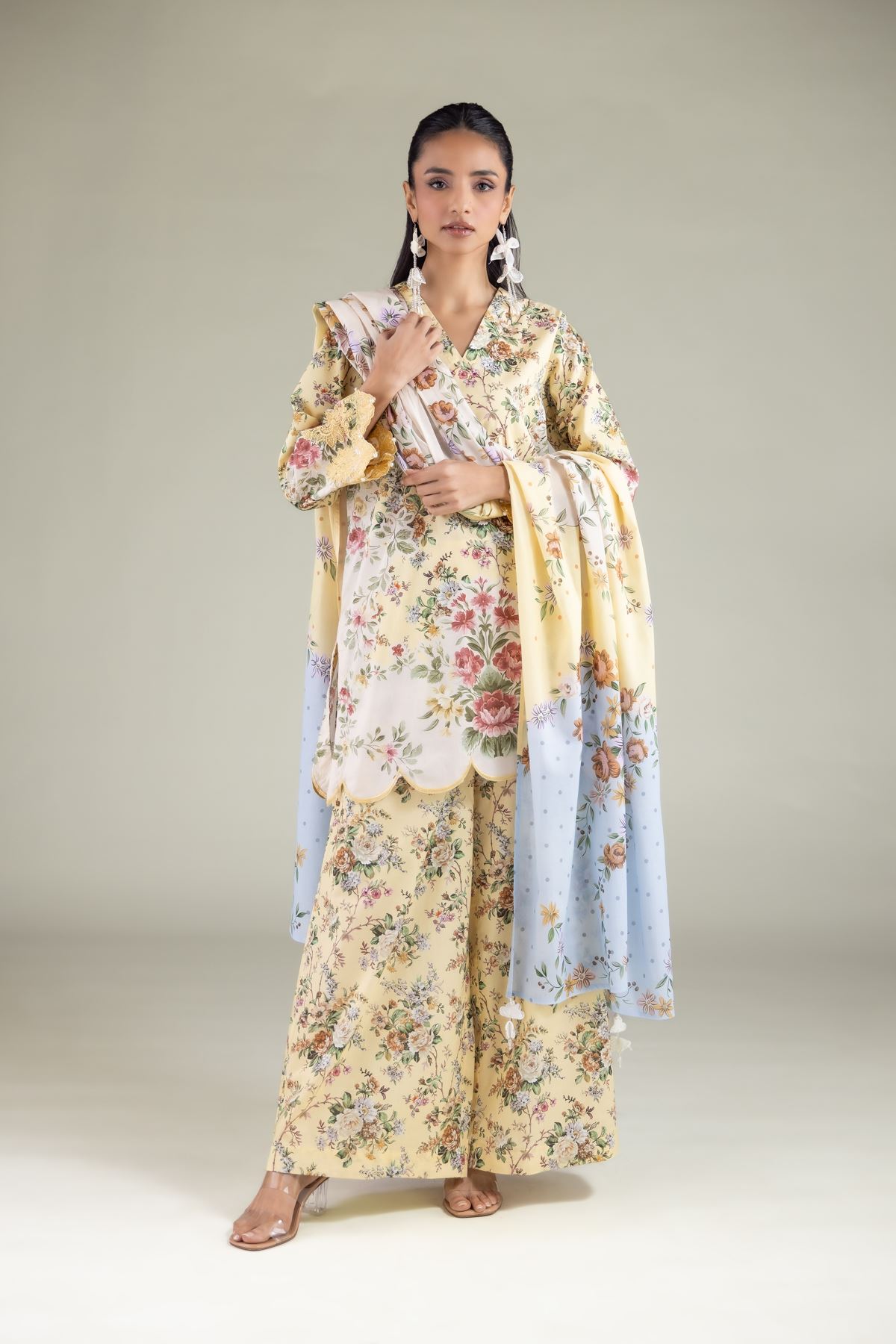 Embroidered Lawn Floral Dotted Dupatta - 1-26-129-A-C-VG