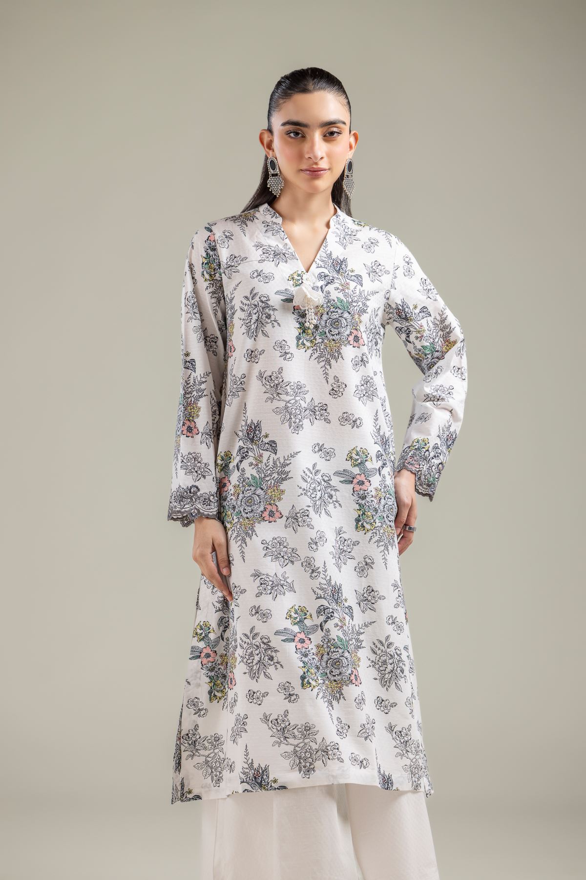 Embroidered Cotton Dobby White V-Neck Kurta - T-A33-26-102FA-VG