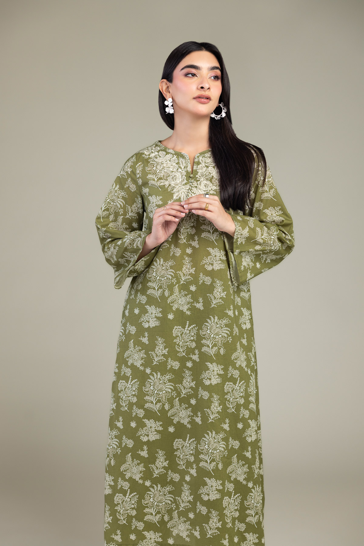 Embroidered Cambric Olive Longline Kurta - 1-26-102-A-F-VG