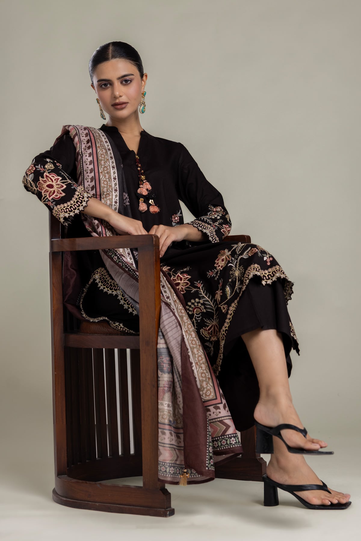 Embroidered Raw Silk Floral Black Kurta - 2-26-202-A-D-VG