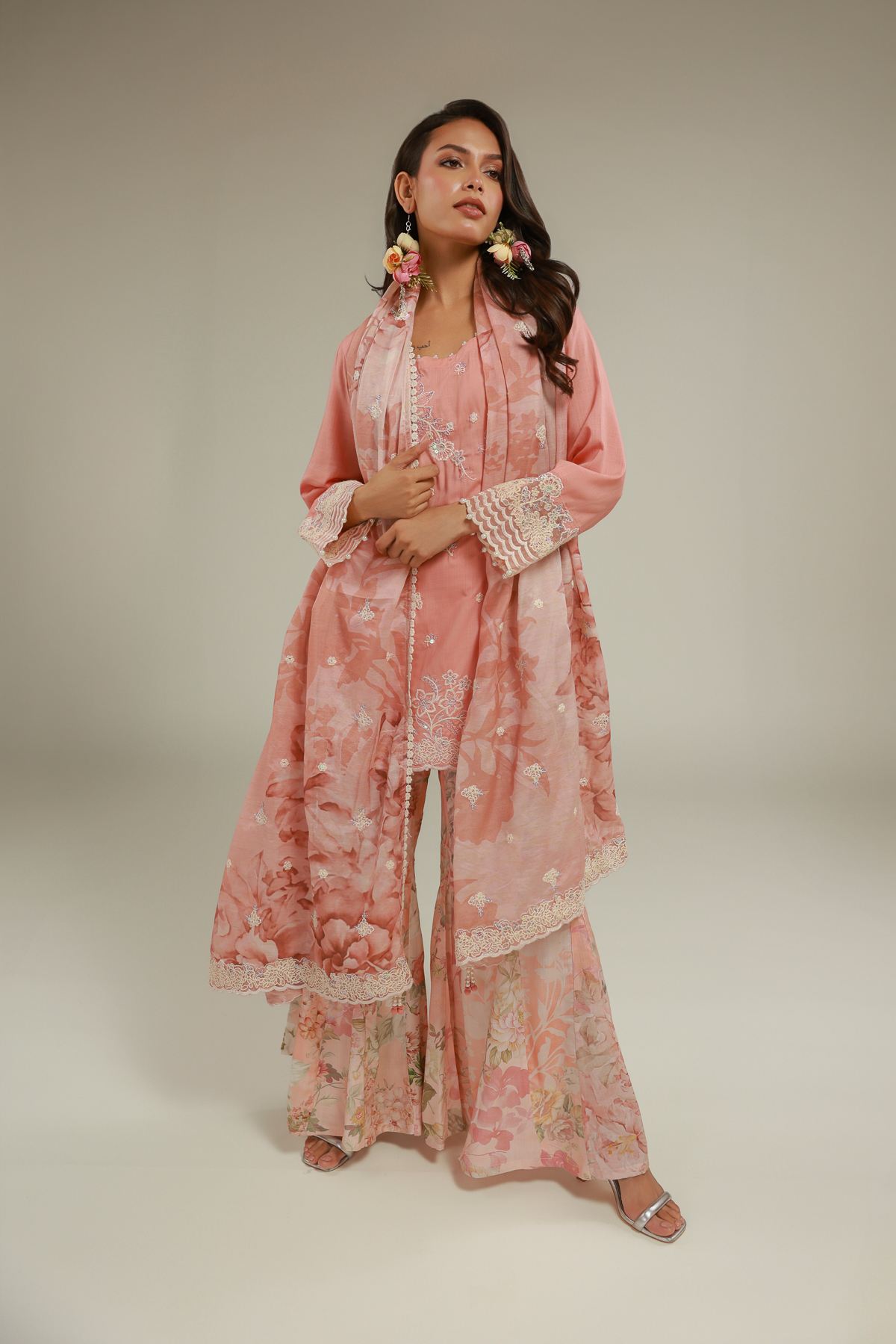 Embroidered Raw Silk Floral Kurta 3-piece - 1-26-129-A-C-VG