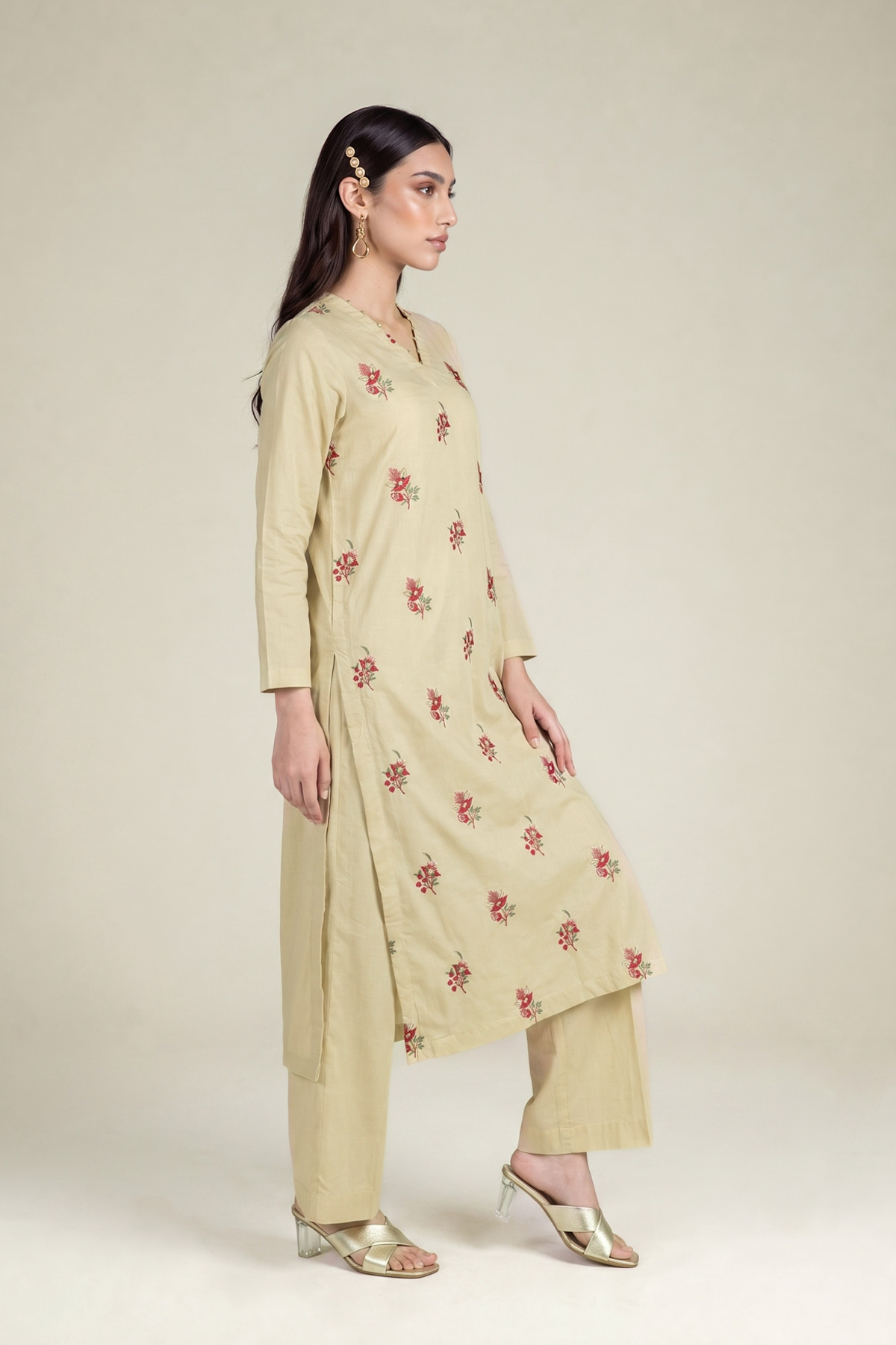 Embroidered Cambric Beige Cambric Kurta - 1-26-102-A-F-VG