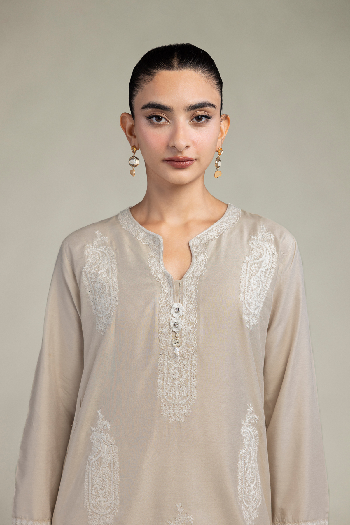 Embroidered Raw Silk Paisley Beige  Kurta - T-A33-26-204FB1-VG