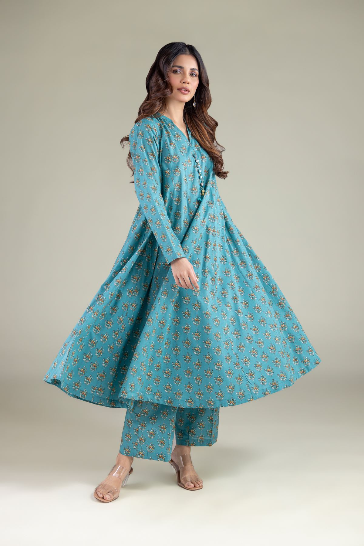 Printed Cambric Floral V-Neck Kurta - 1-26-140-A-H-VG