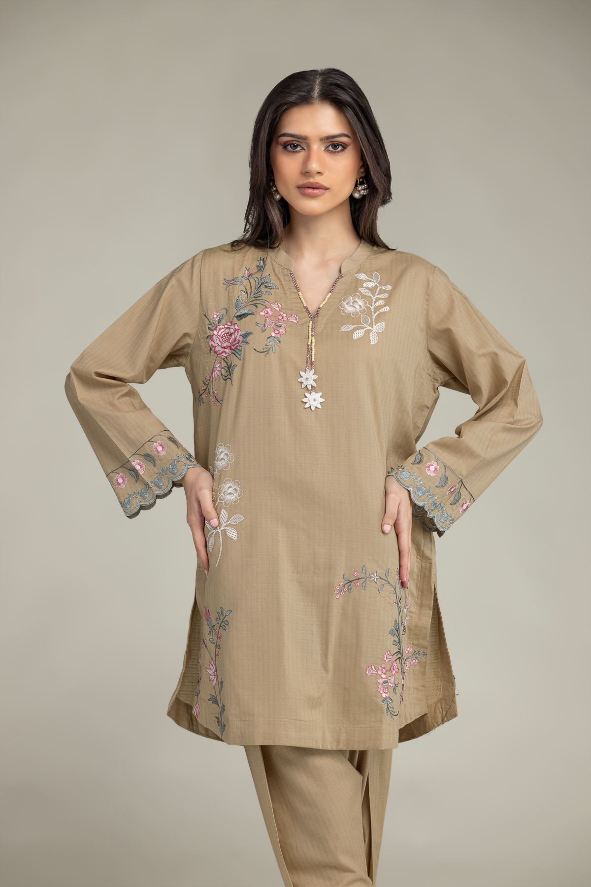 Embroidered Cotton Dobby Floral V-Neck Kurta - 1-26-245-A-J1-VG