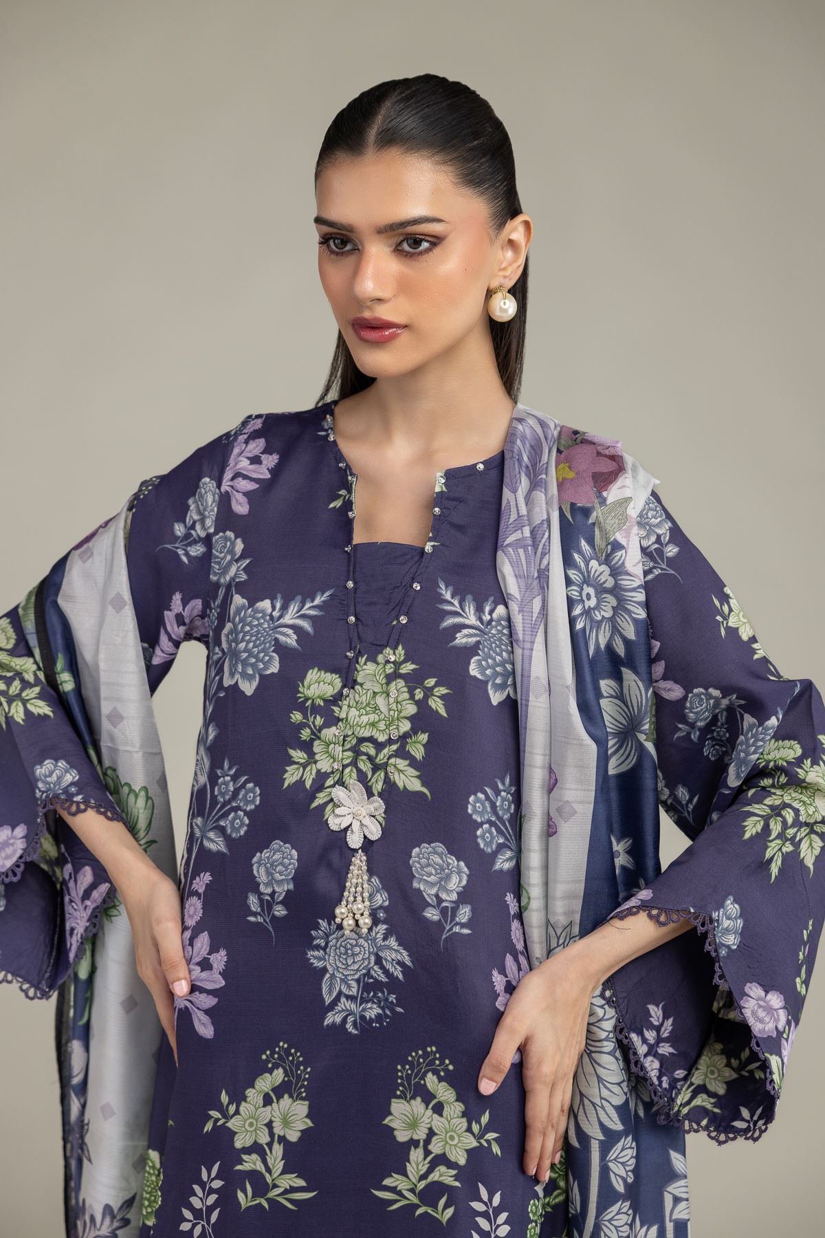 Embroidered Polyester Silk Floral Navy Dupatta - 2-26-208-A-E1-VG