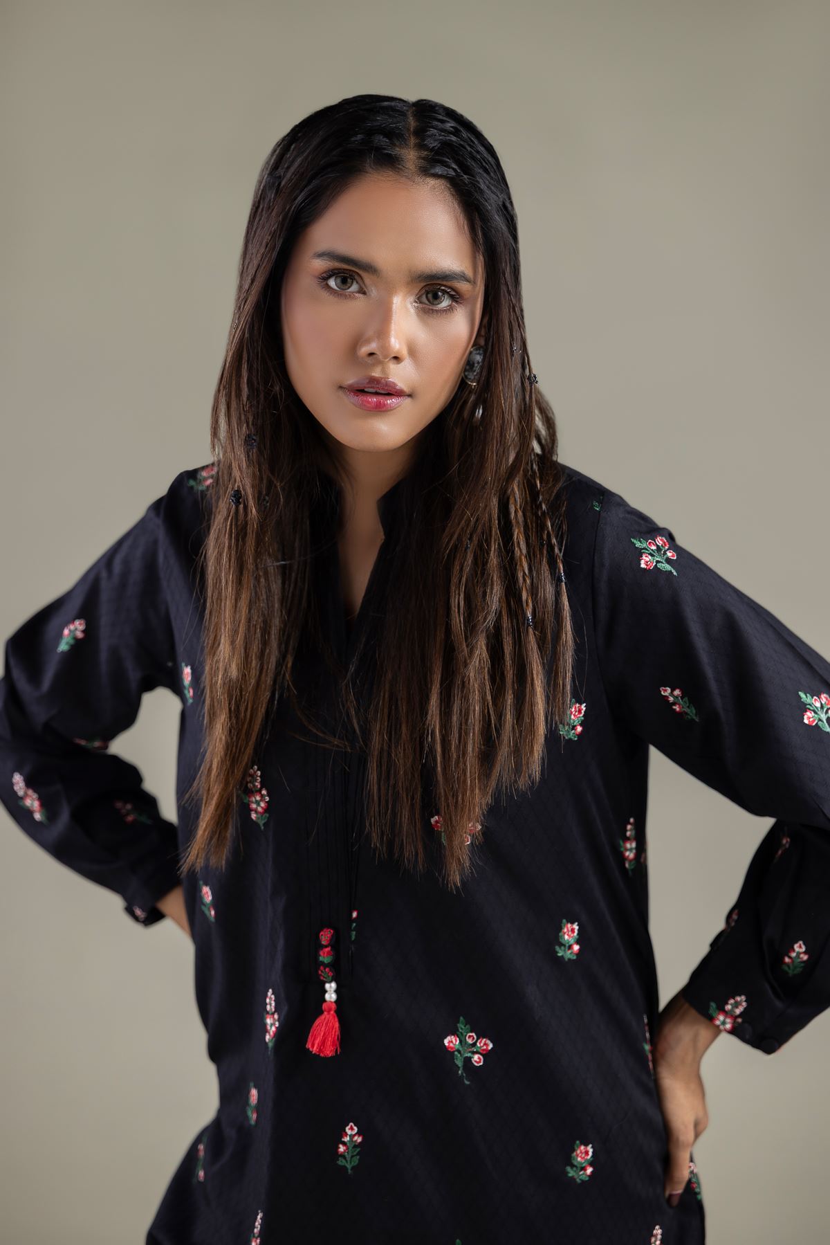Embroidered Cotton Dobby Long Floral Kurta - 1-26-114-A-F-VG