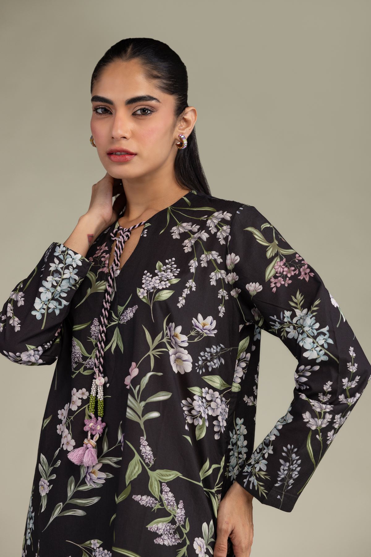 Printed Cotton Viscose Black Floral Kurta - 1-26-102-A-F-VG