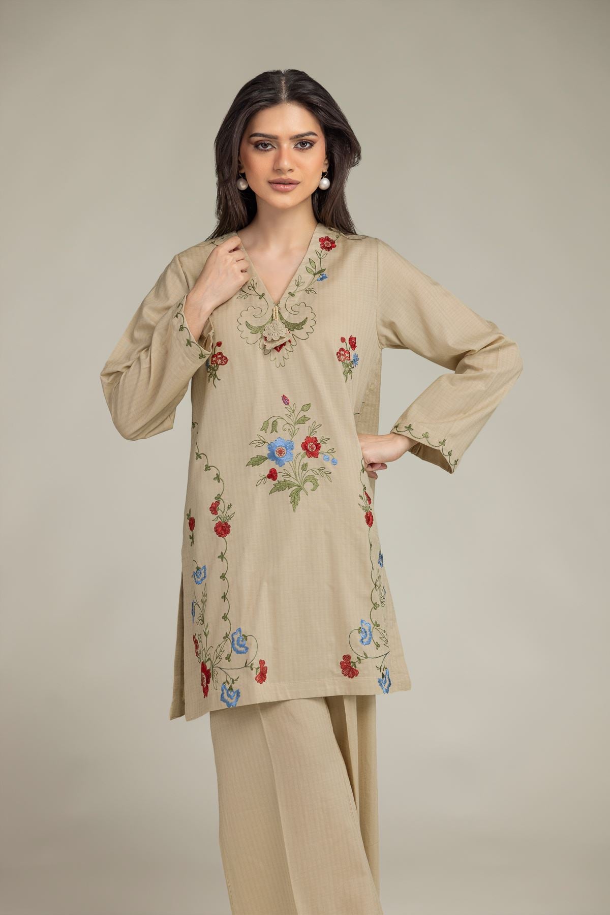 Embroidered Cotton Dobby Cotton V-Neck Kurta - 1-26-203-A-H1-VG