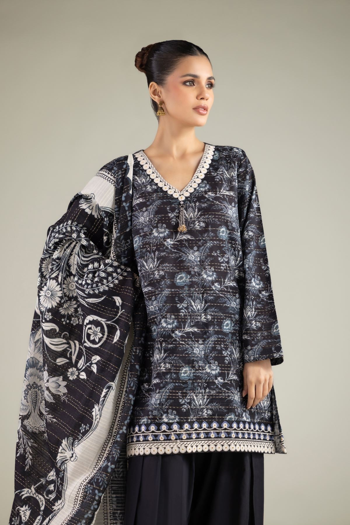 Embroidered Mesuri Dobby Black 3-Piece Tailored - 1-26-248-B-F1-VG