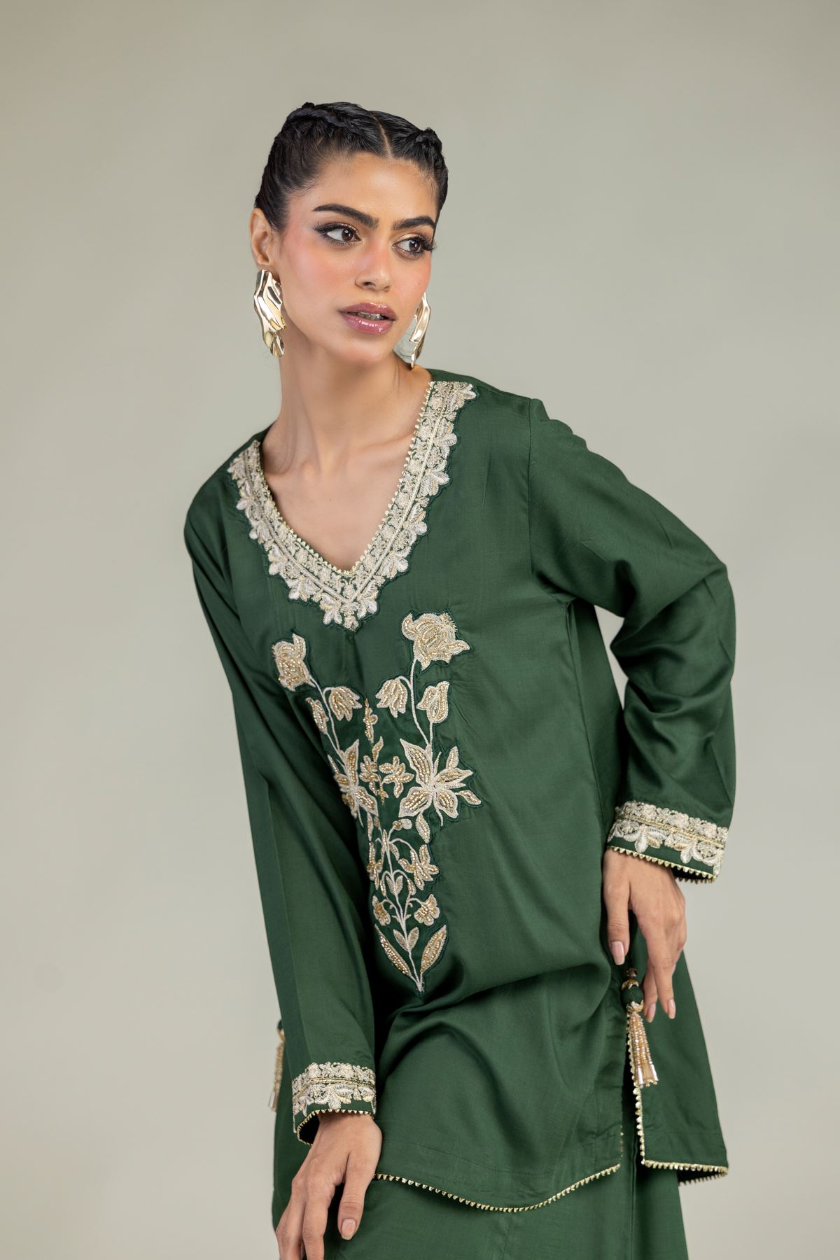 Embroidered Raw Silk Floral Green Kurta - 2-26-203-A-B1-VG