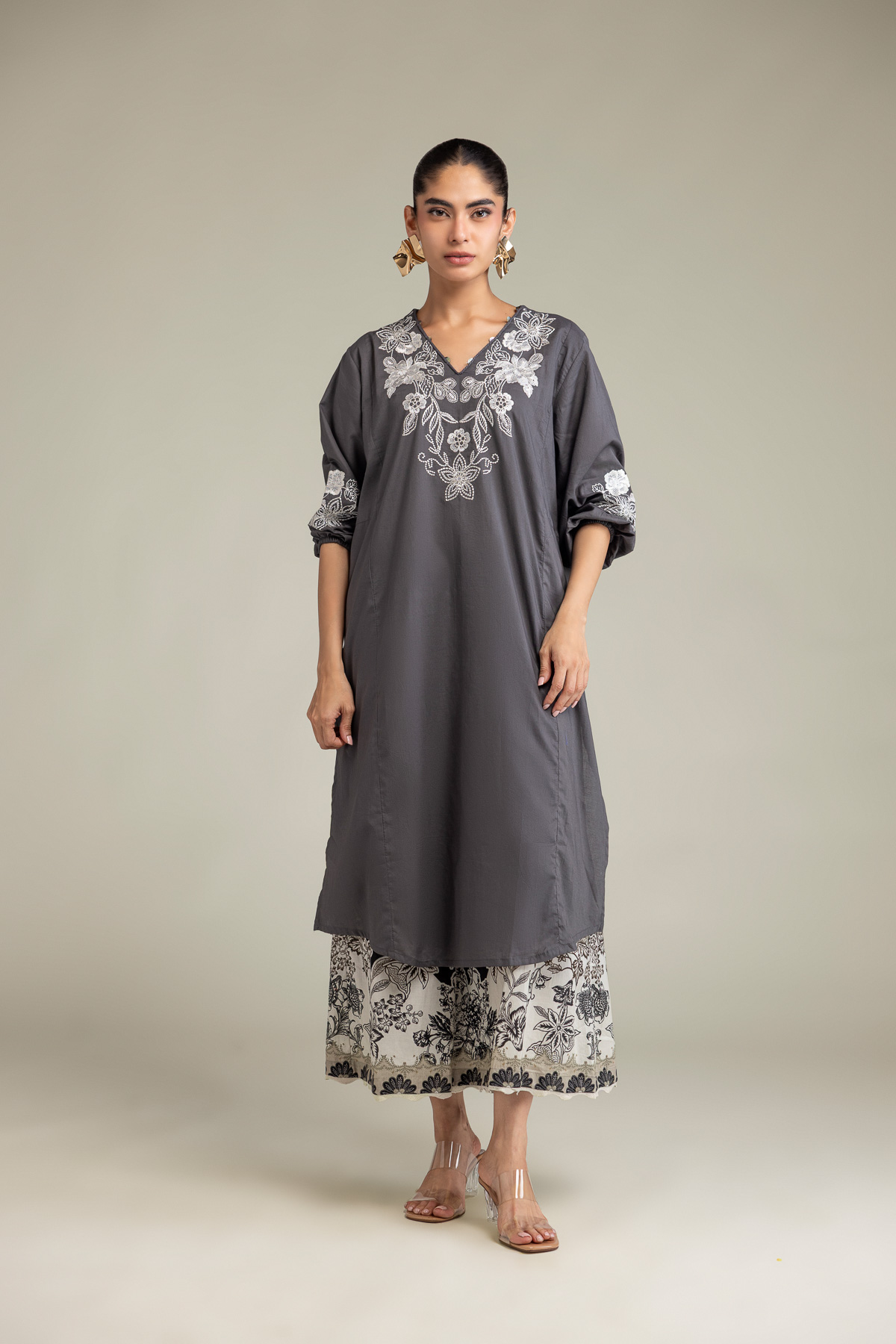 Embroidered Cambric Gray V-neck Kurta - 1-26-102-A-F-VG