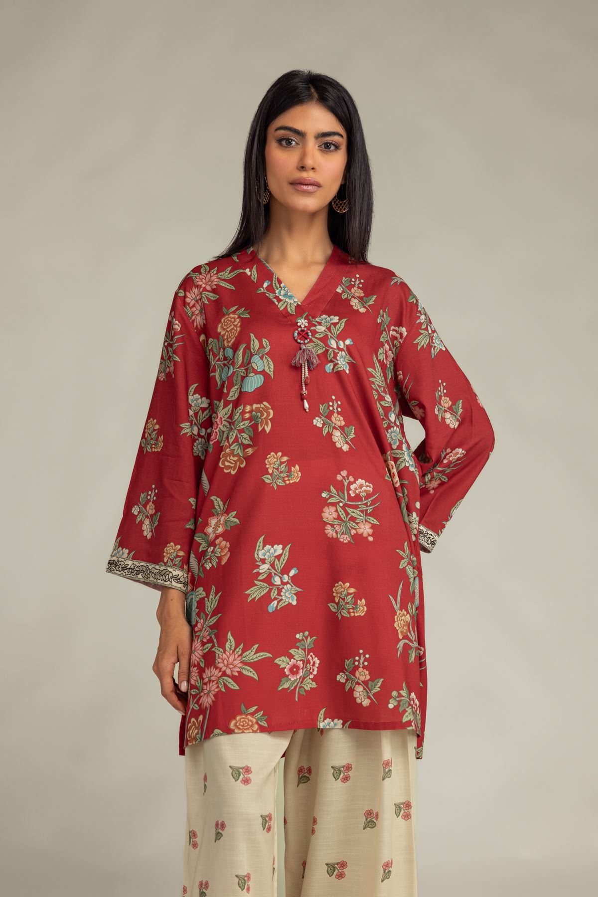 Printed Raw Silk Floral Red Kurta - 1-26-229-B-F1-VG