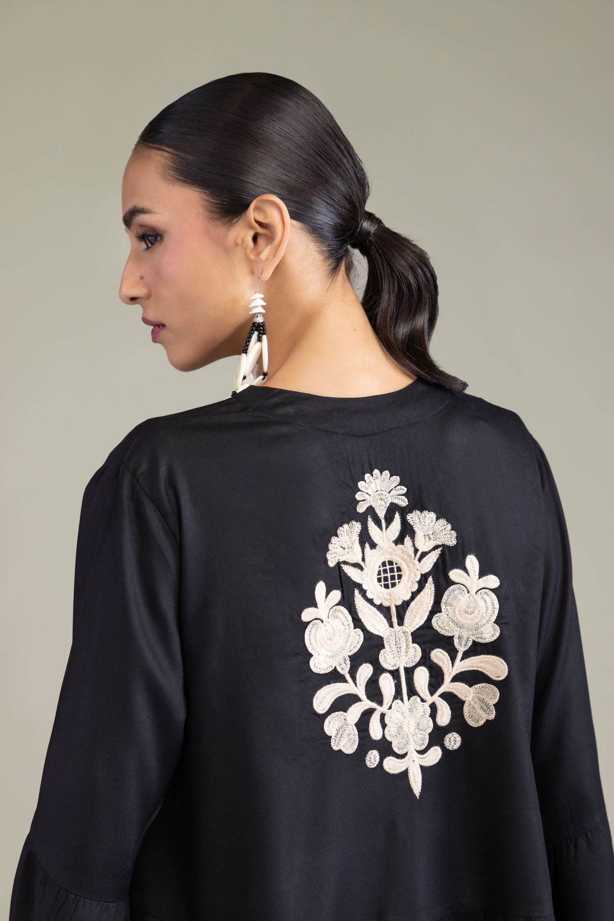 Embroidered Viscose Crepe Black V-Neck Blouse - 8-26-204-A-C1-VG