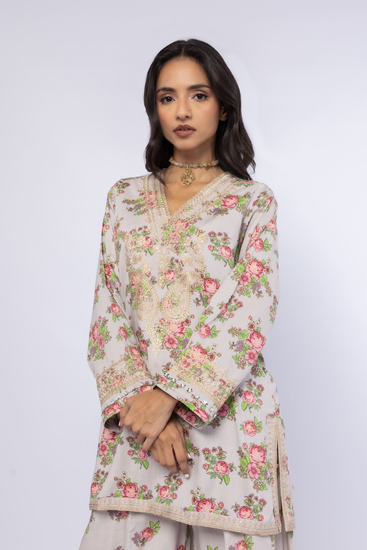 Embroidered Crosshatch Raw Silk Kurta - 25-08-8E6-02TA-VG