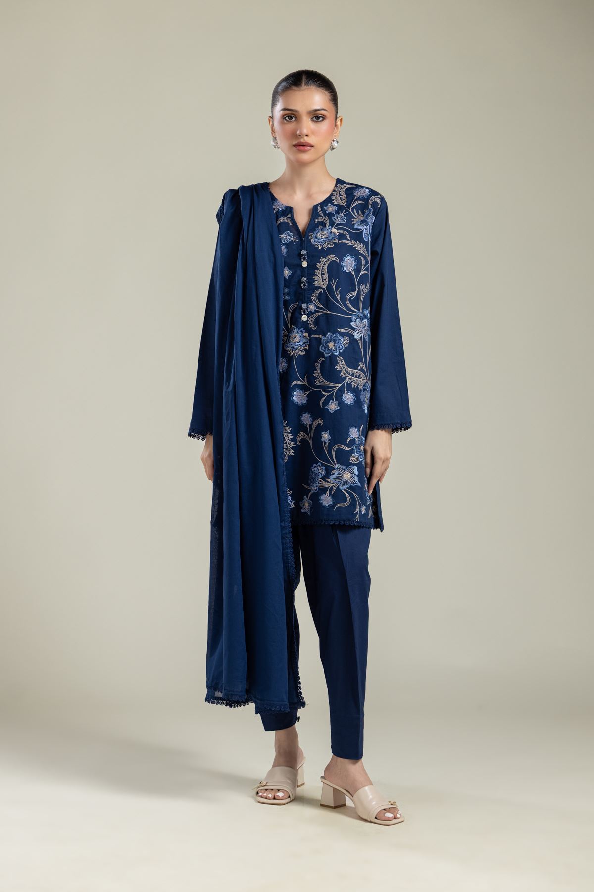 Embroidered Lawn Navy Lawn Dupatta - 1-26-139-A-F-VG