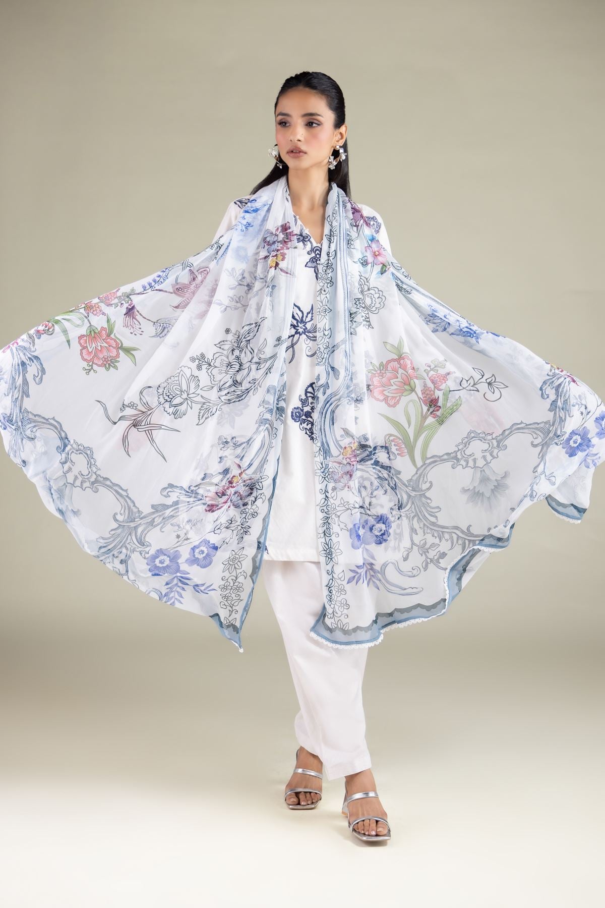 Embroidered Chiffon Floral Draped Dupatta - 1-26-117-A-G-VG