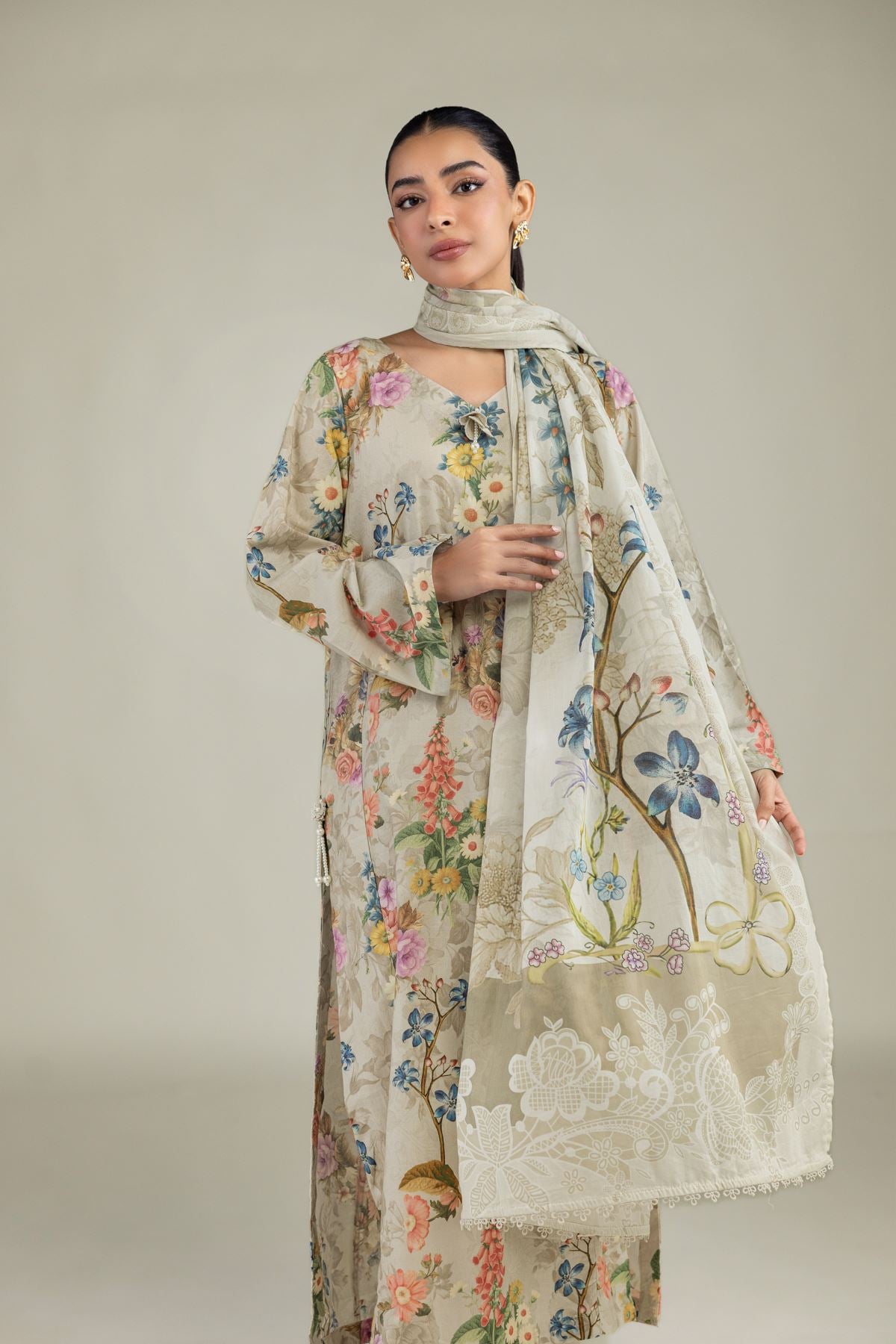 Printed Lawn Beige Lawn Dupatta - 1-26-102-A-F-VG
